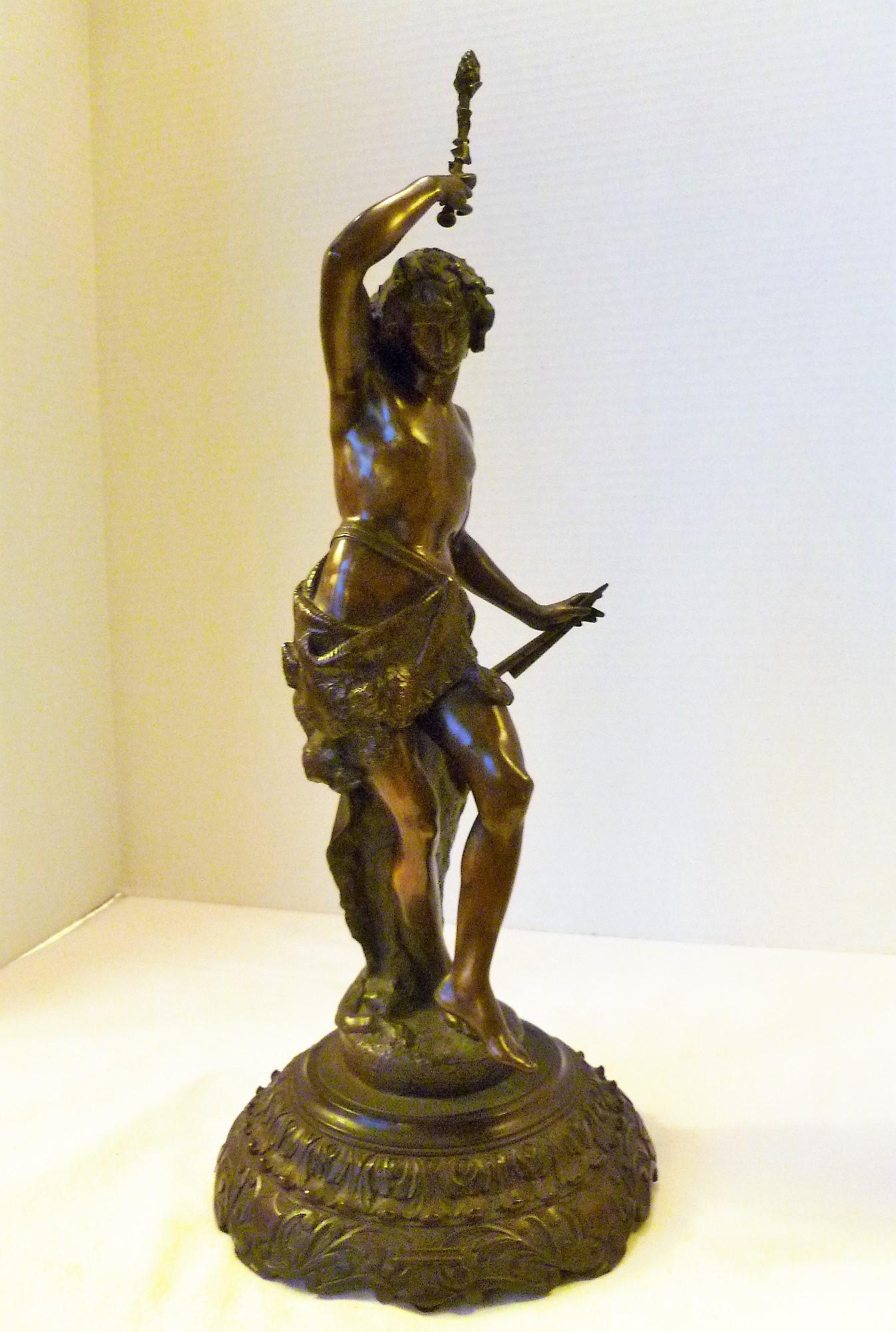 19th Century Classic Chased Bronze Figure of Pan or Dancer on Carved Wood Base For Sale 1