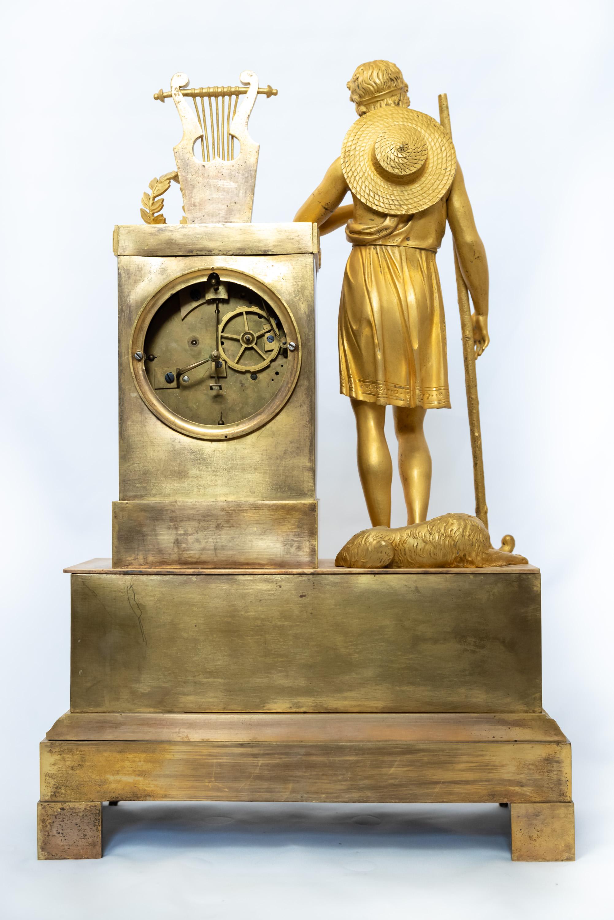 19th Century A French Fire-Gilt Bronze Restauration-Era Clock Featuring the “Shepherd Paris” For Sale
