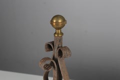 19th Century Firedogs, Andirons, Plain Cast Iron, Brass Globe, 38 cm