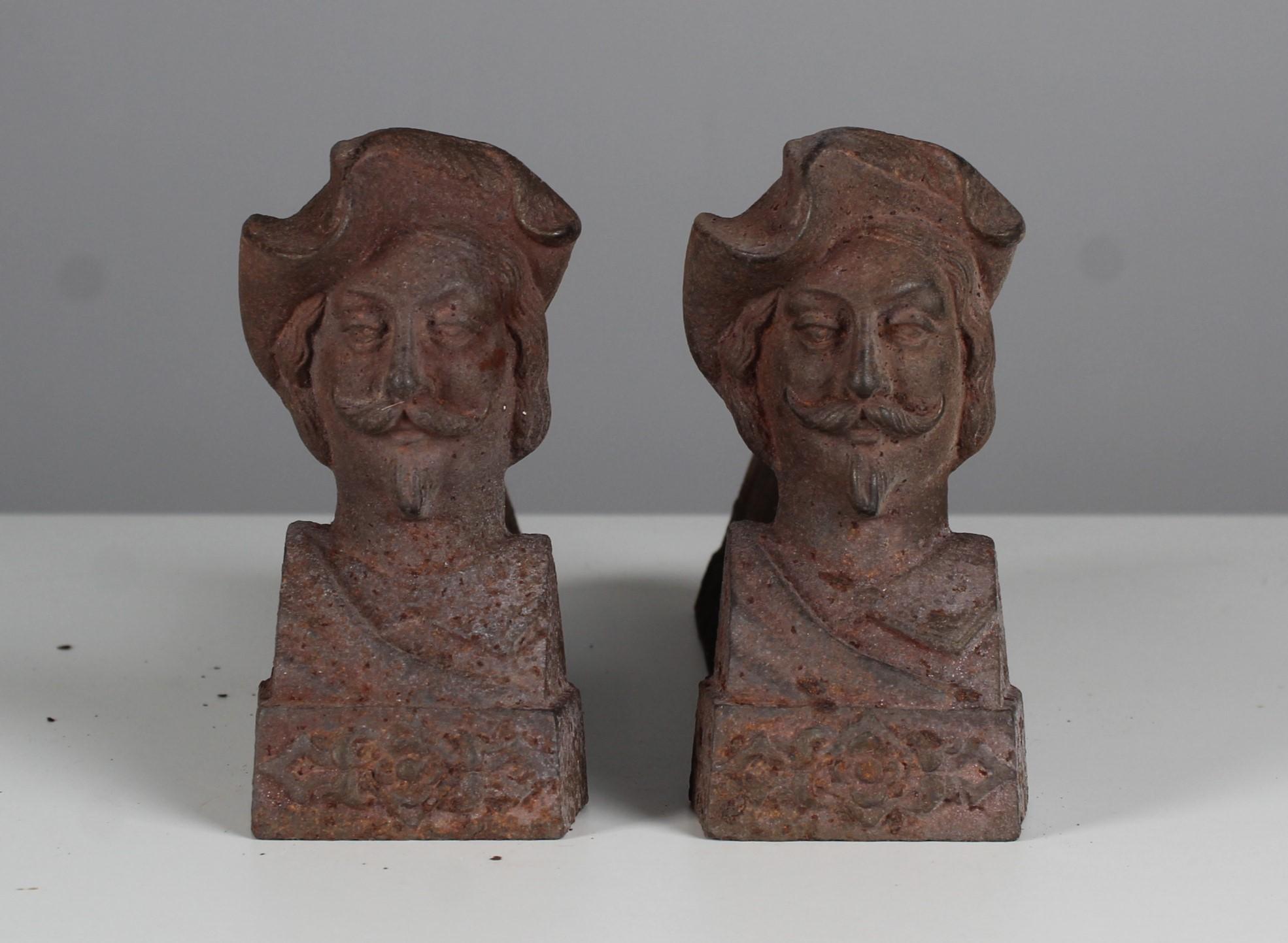 French 19th Century Firedogs, Figural Andirons, Musketeer, Cast Iron, 29 cm For Sale