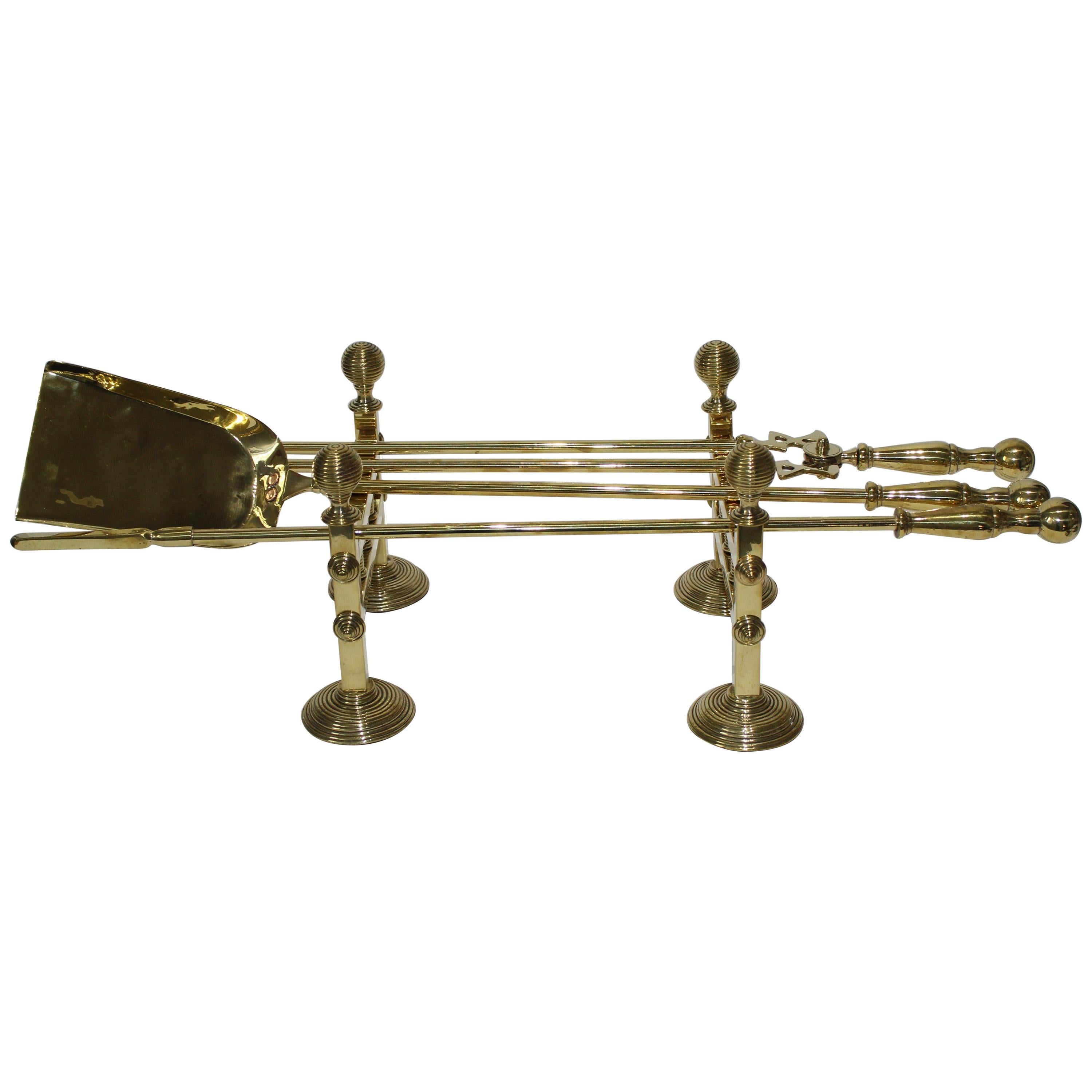 19th Century Fireplace Accessories, Trio of Fireplace Tools on Pair Tool Racks For Sale
