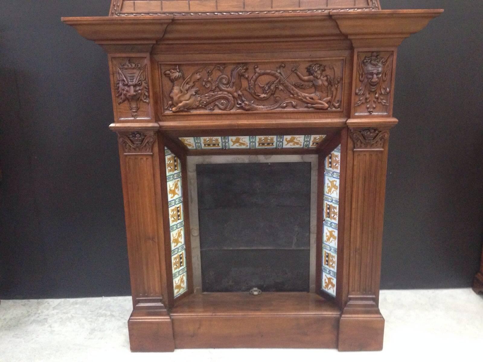 Spanish 19th Century Fireplace Chimney in Walnut and Ceramic Finish