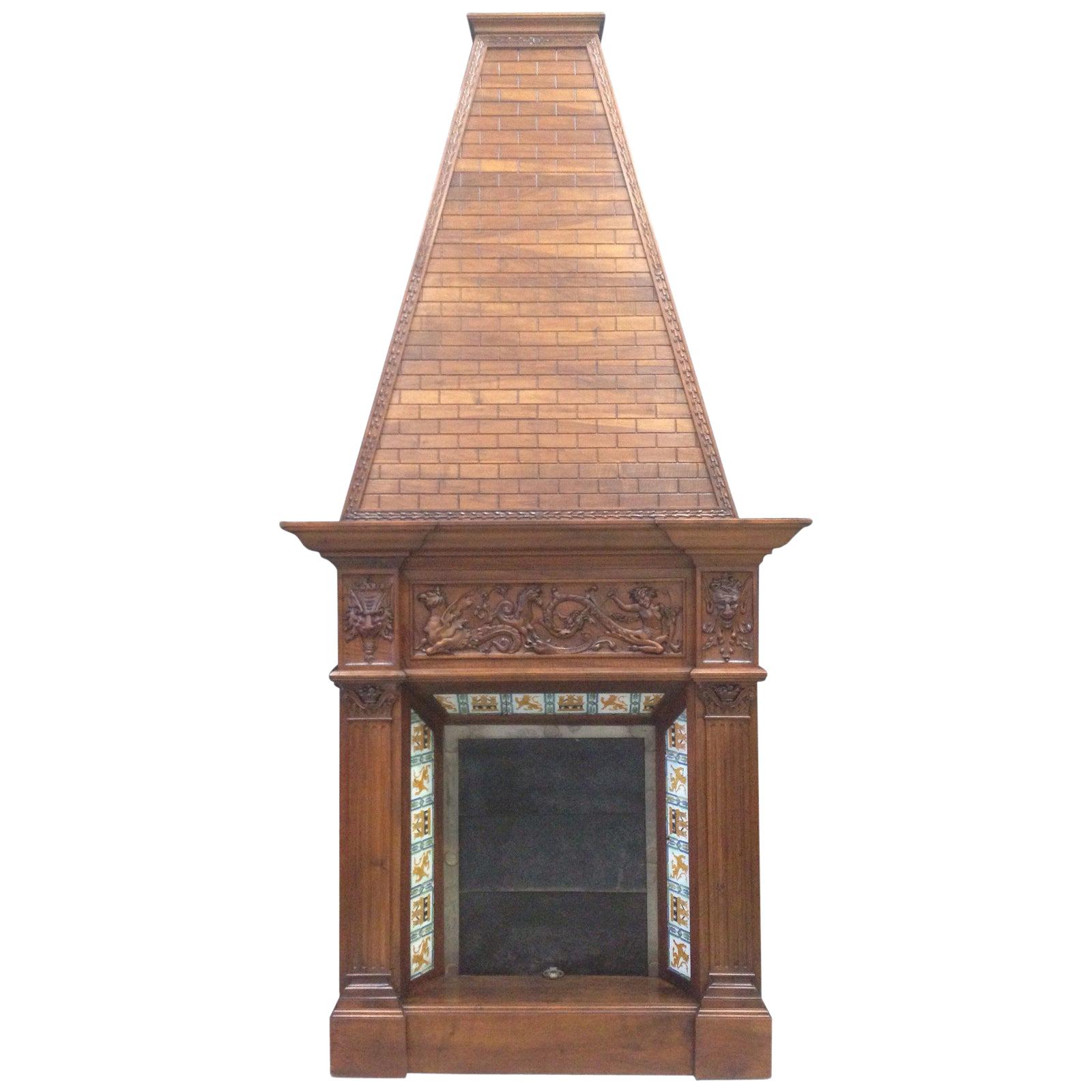19th Century Fireplace Chimney in Walnut and Ceramic Finish