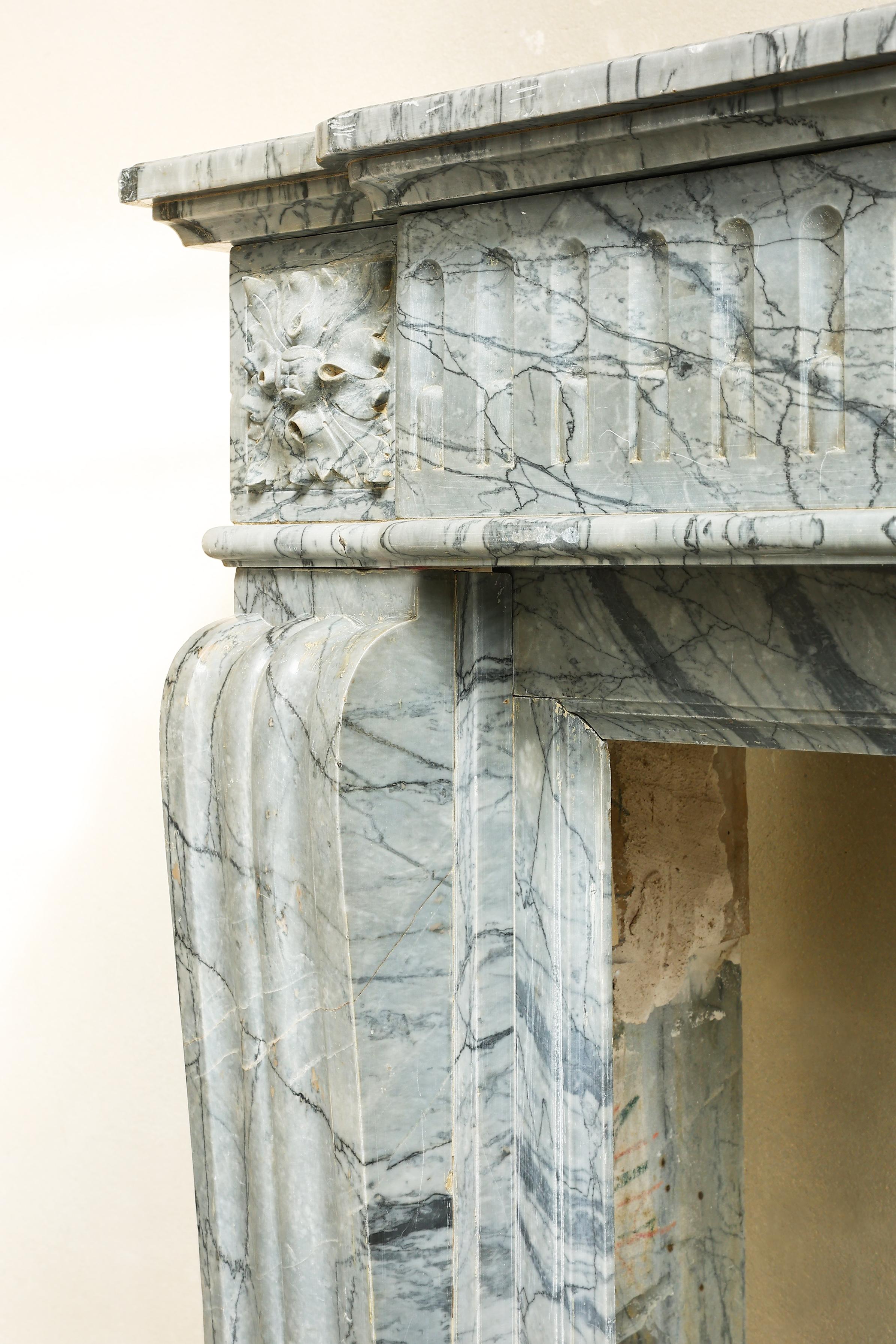 19th Century Fireplace in Style of Louis XVI of Blue Fleuri Marble For Sale 6