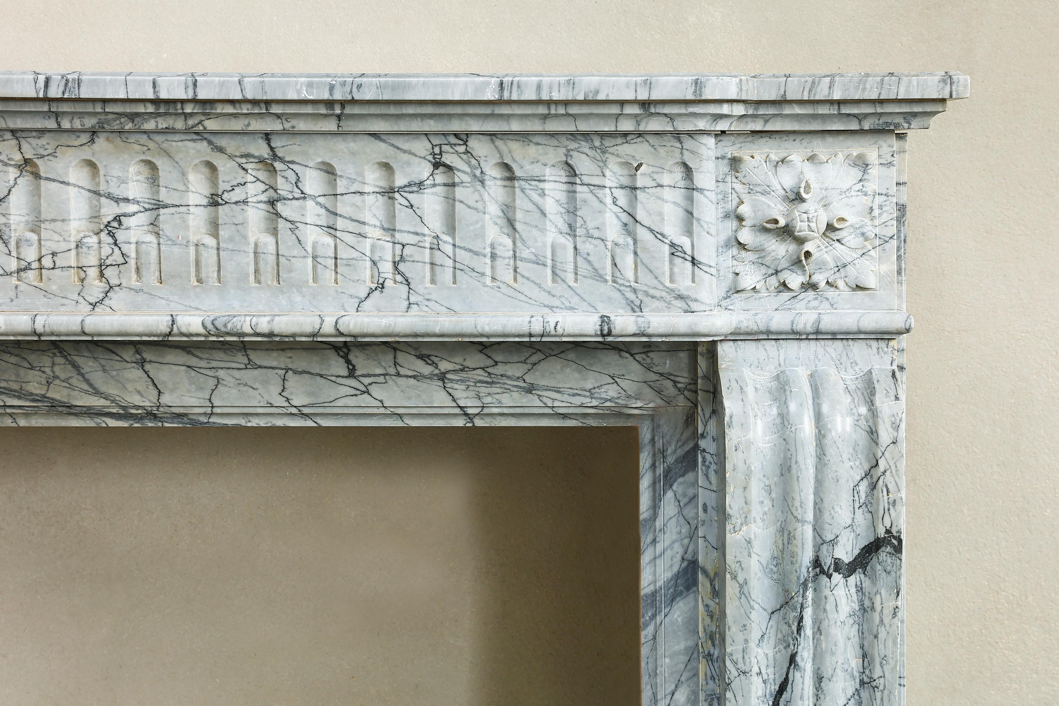 French 19th Century Fireplace in Style of Louis XVI of Blue Fleuri Marble For Sale