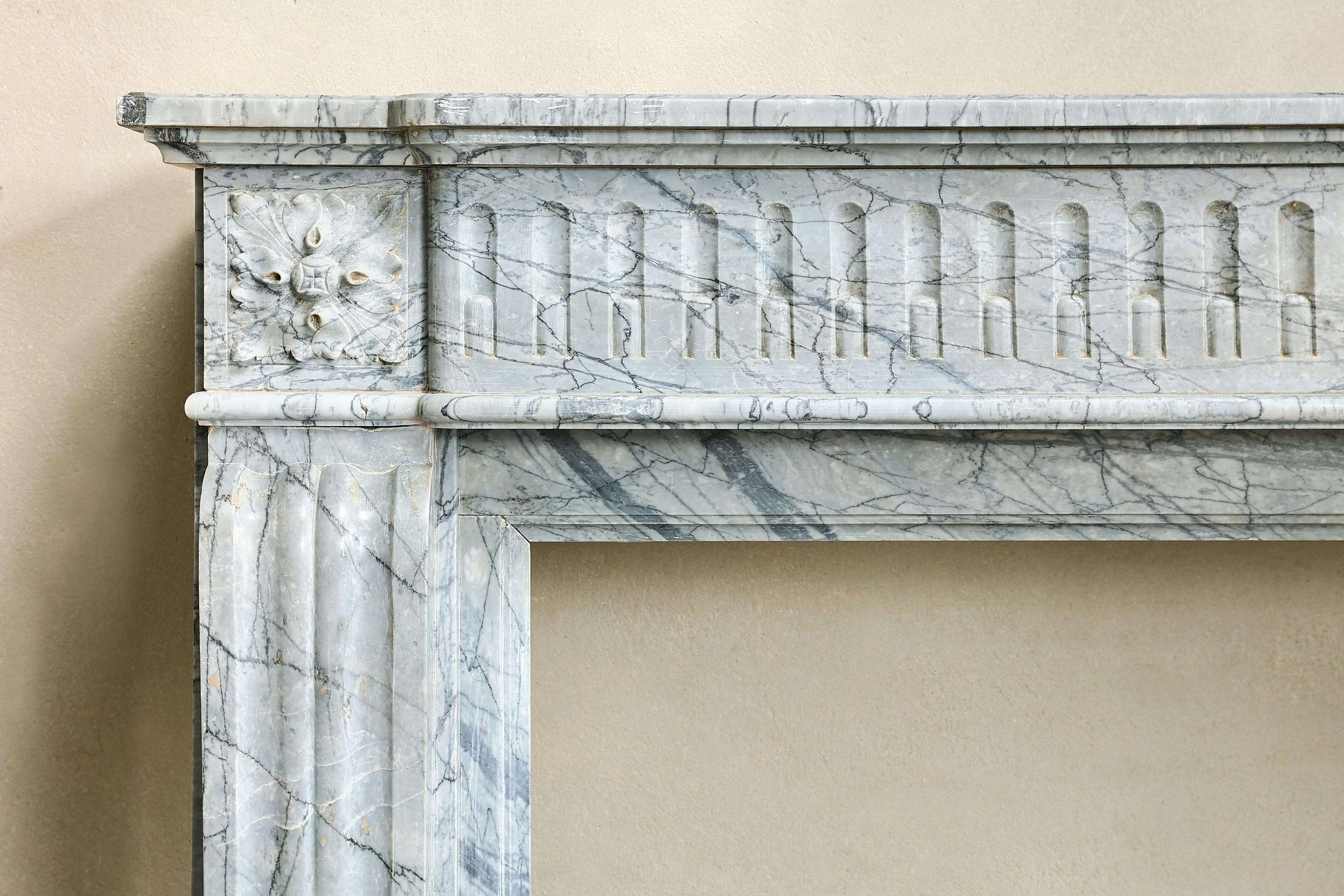 19th Century Fireplace in Style of Louis XVI of Blue Fleuri Marble For Sale 1
