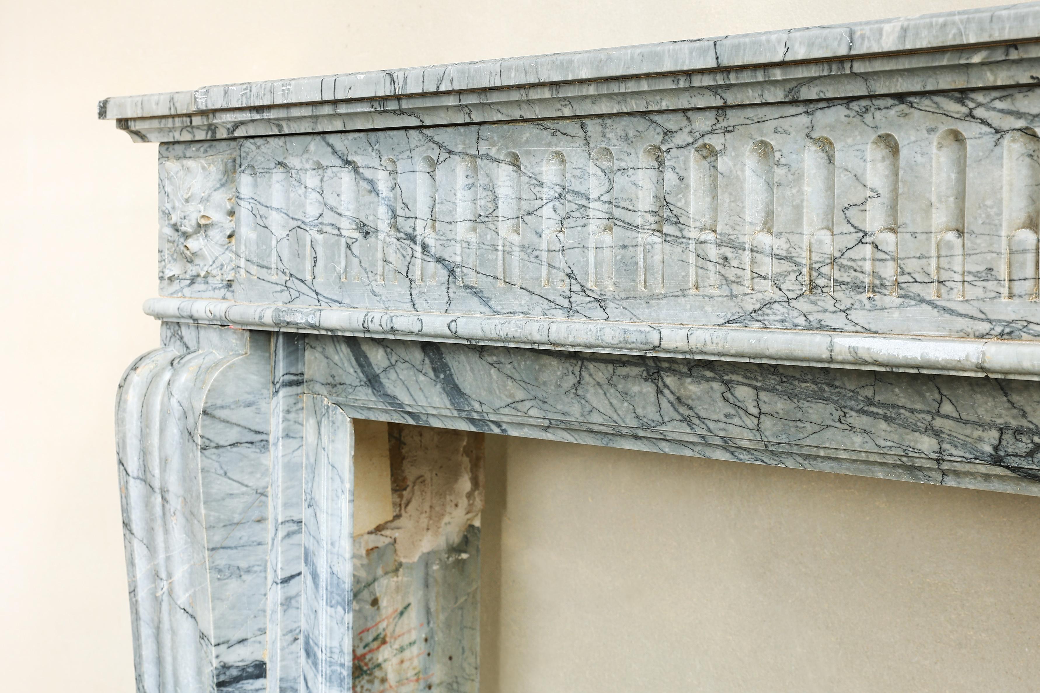19th Century Fireplace in Style of Louis XVI of Blue Fleuri Marble For Sale 2