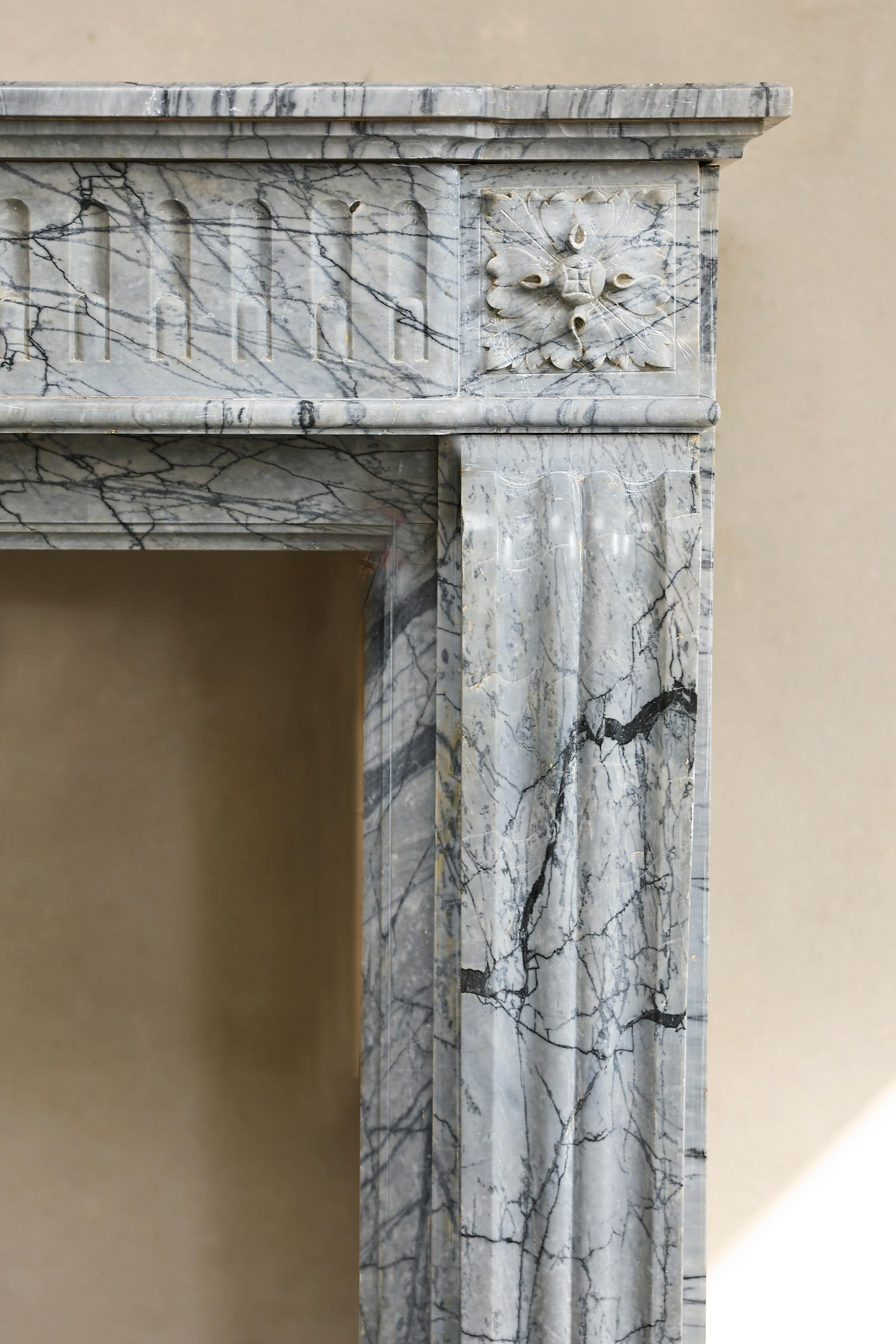 19th Century Fireplace in Style of Louis XVI of Blue Fleuri Marble For Sale 3
