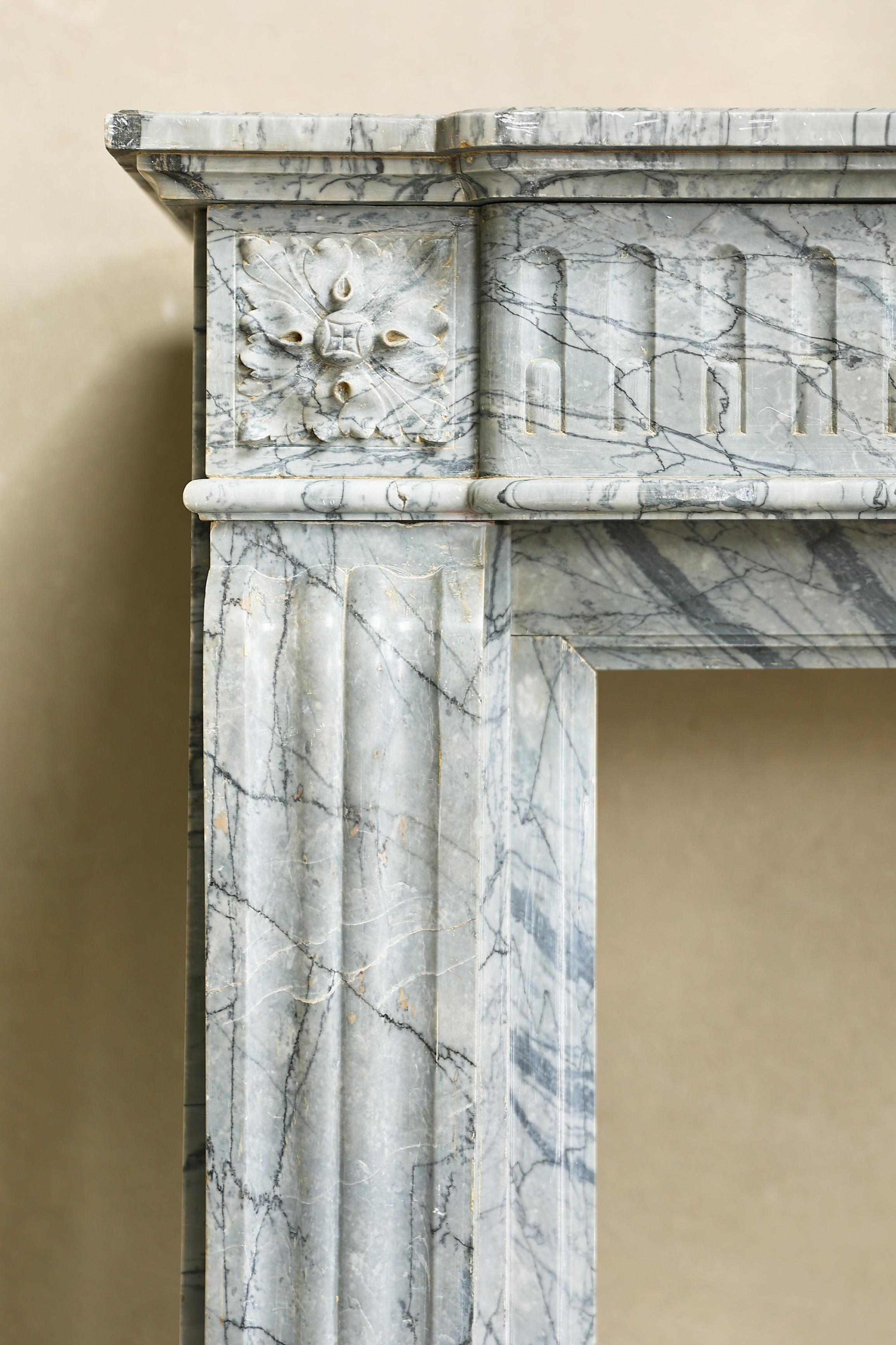 19th Century Fireplace in Style of Louis XVI of Blue Fleuri Marble For Sale 4