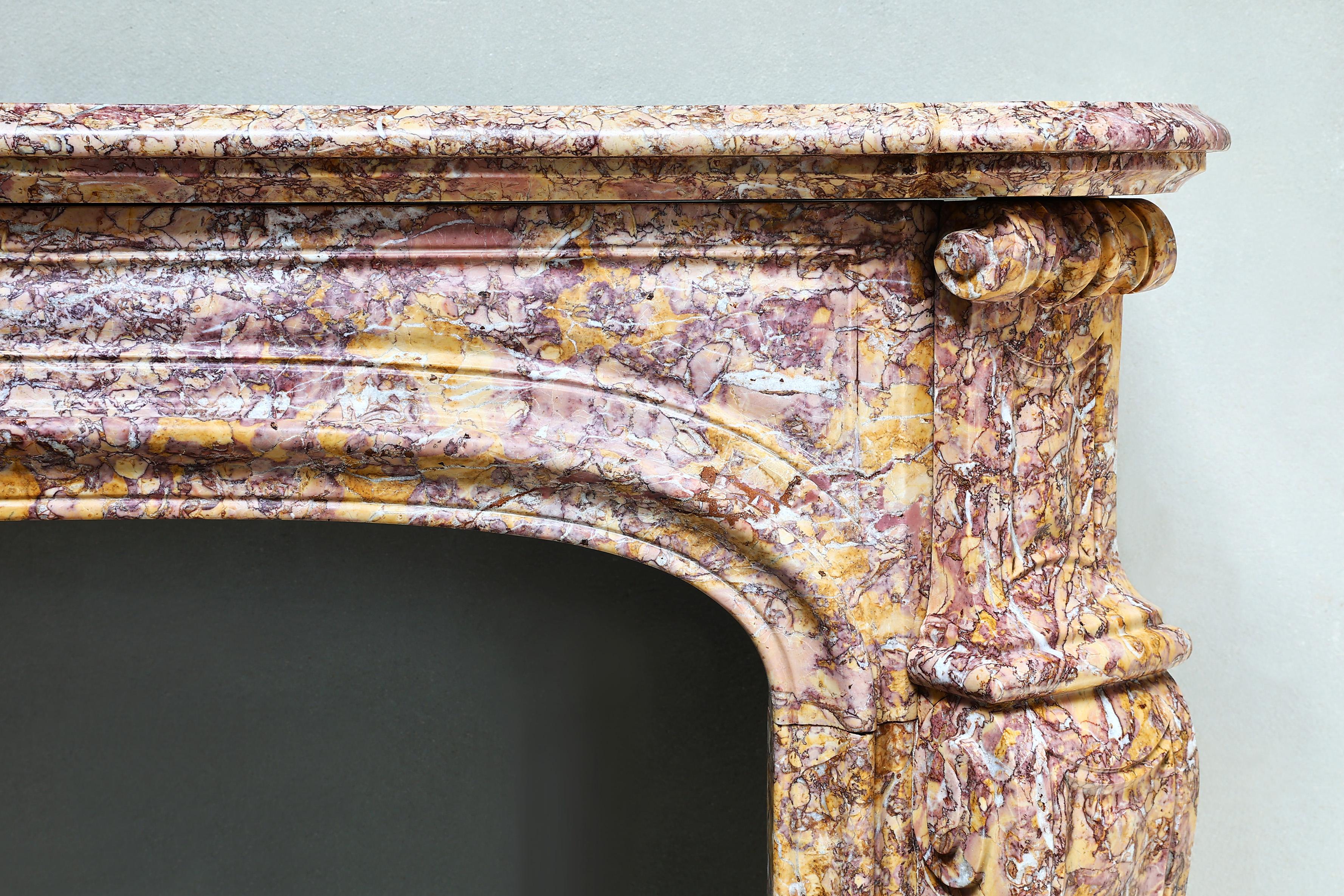 French 19th Century Fireplace of Brocatelle Violetta Du Jura Marble, Style Louis XIV For Sale