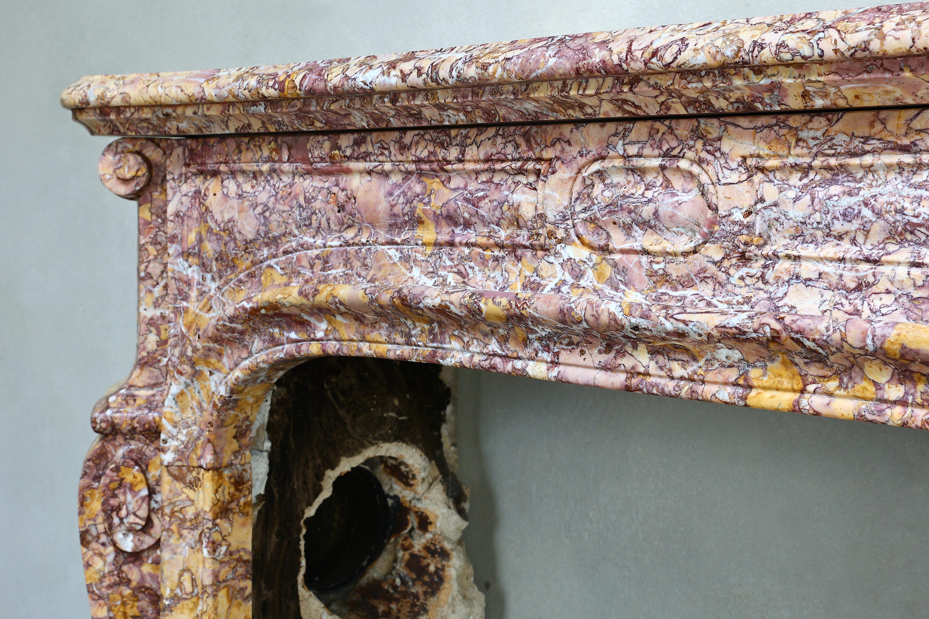 19th Century Fireplace of Brocatelle Violetta Du Jura Marble, Style Louis XIV For Sale 2