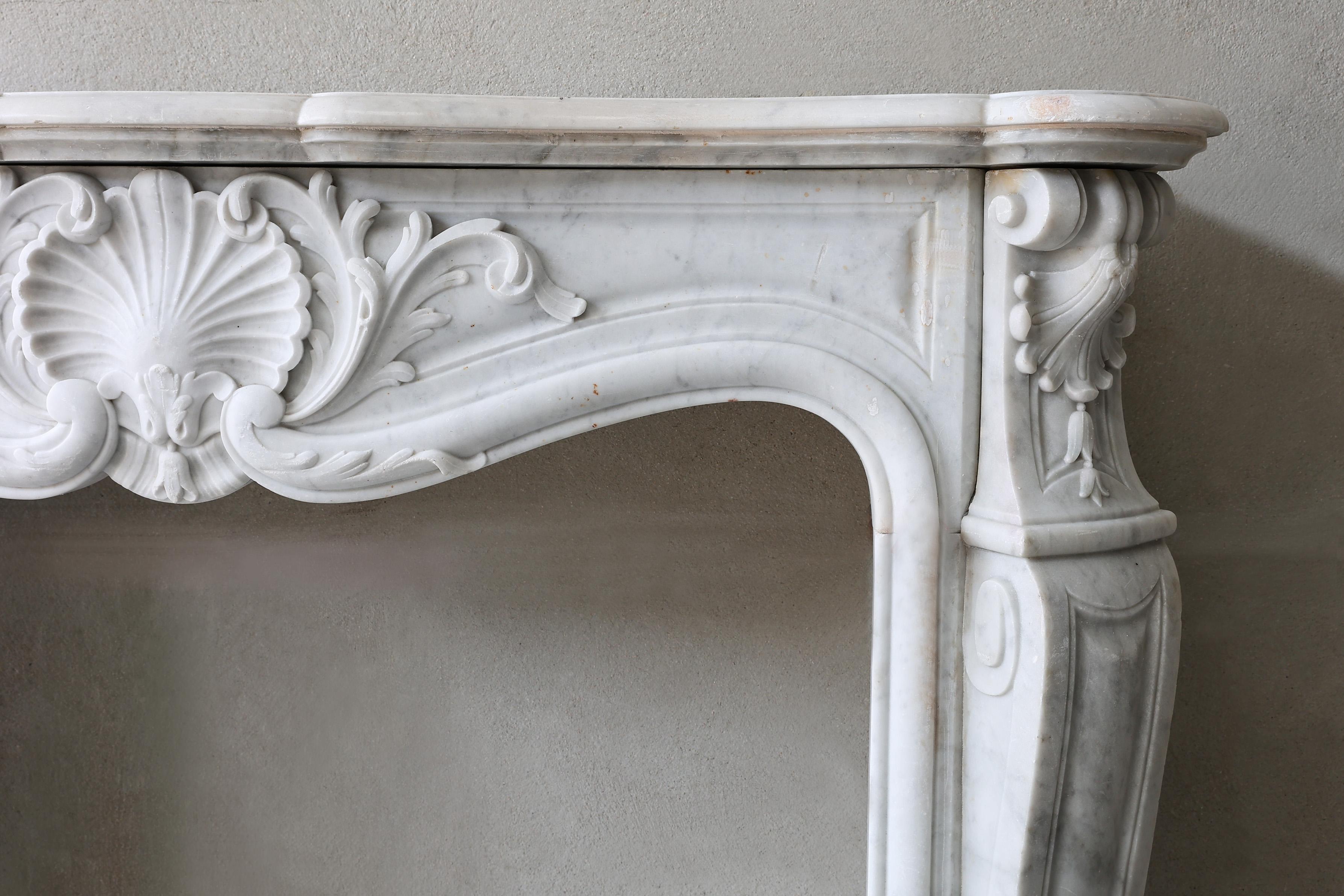 Louis XV Antique Marble Fireplace  Carrara Marble  19th Century For Sale