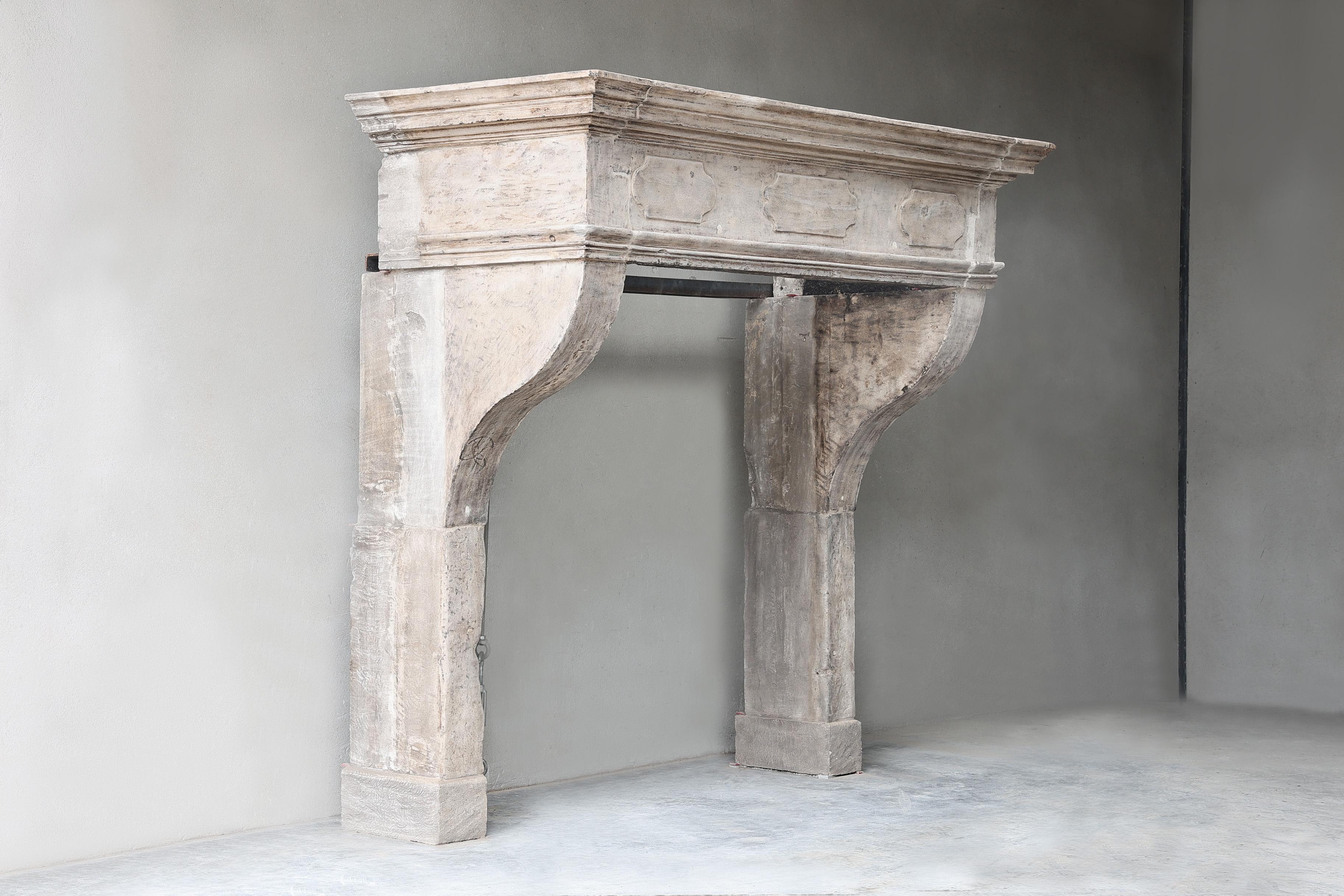 Very impressive antique castle mantelpiece made of French limestone from the 19th century! A beautiful robust fireplace with a warm color scheme and beautiful ornaments in the front part. This mantelpiece is in the style of Louis XIII and fits