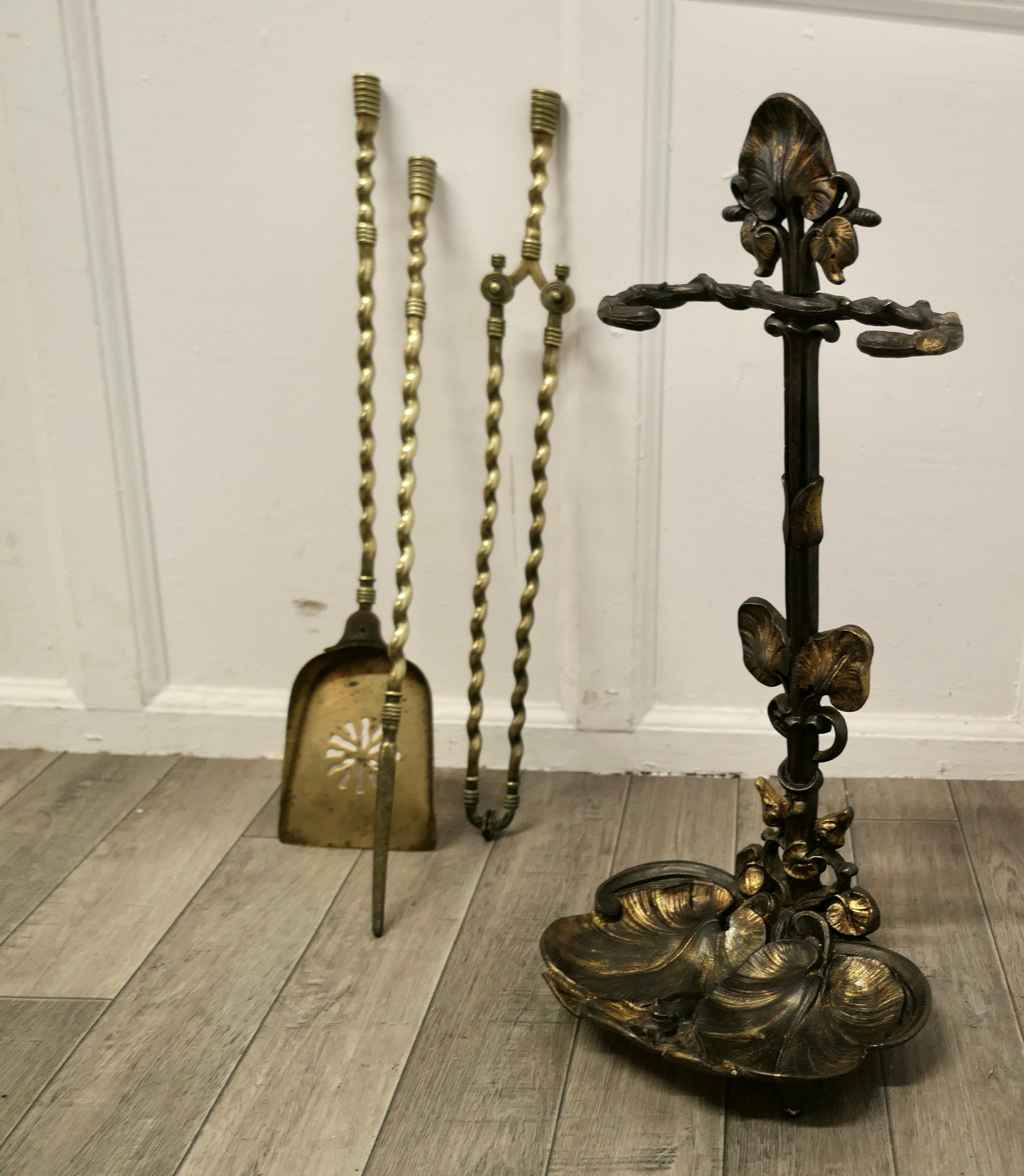 Brass 19th Century Fireside Companion Set, Fireside Tools with Frogs  For Sale