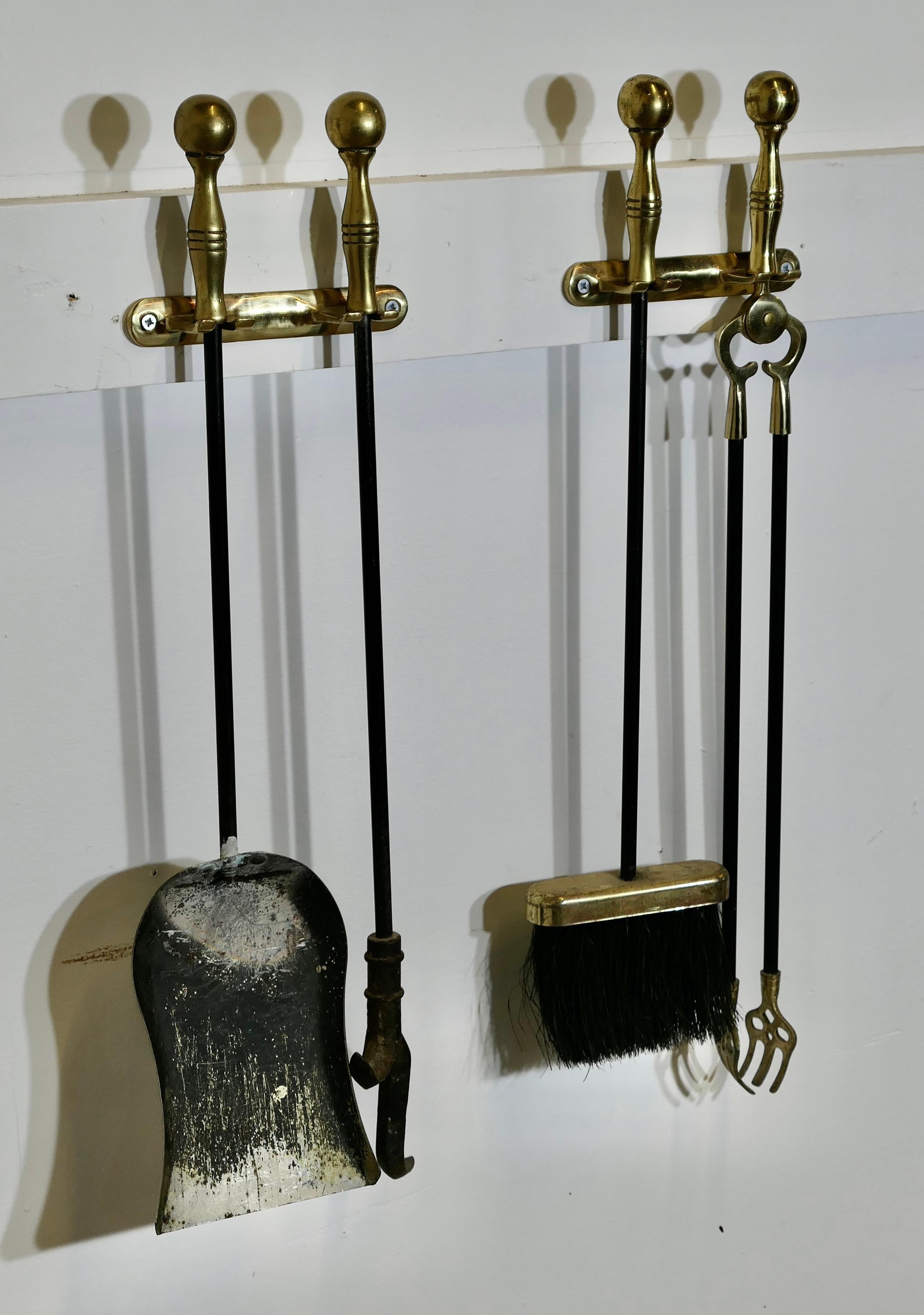 Brass 19th Century Fireside Companion Set, Long Fireside Tools For Sale