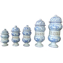 19th Century Five Pieces Pharmacy Lid Jars Pottery Grey Blue