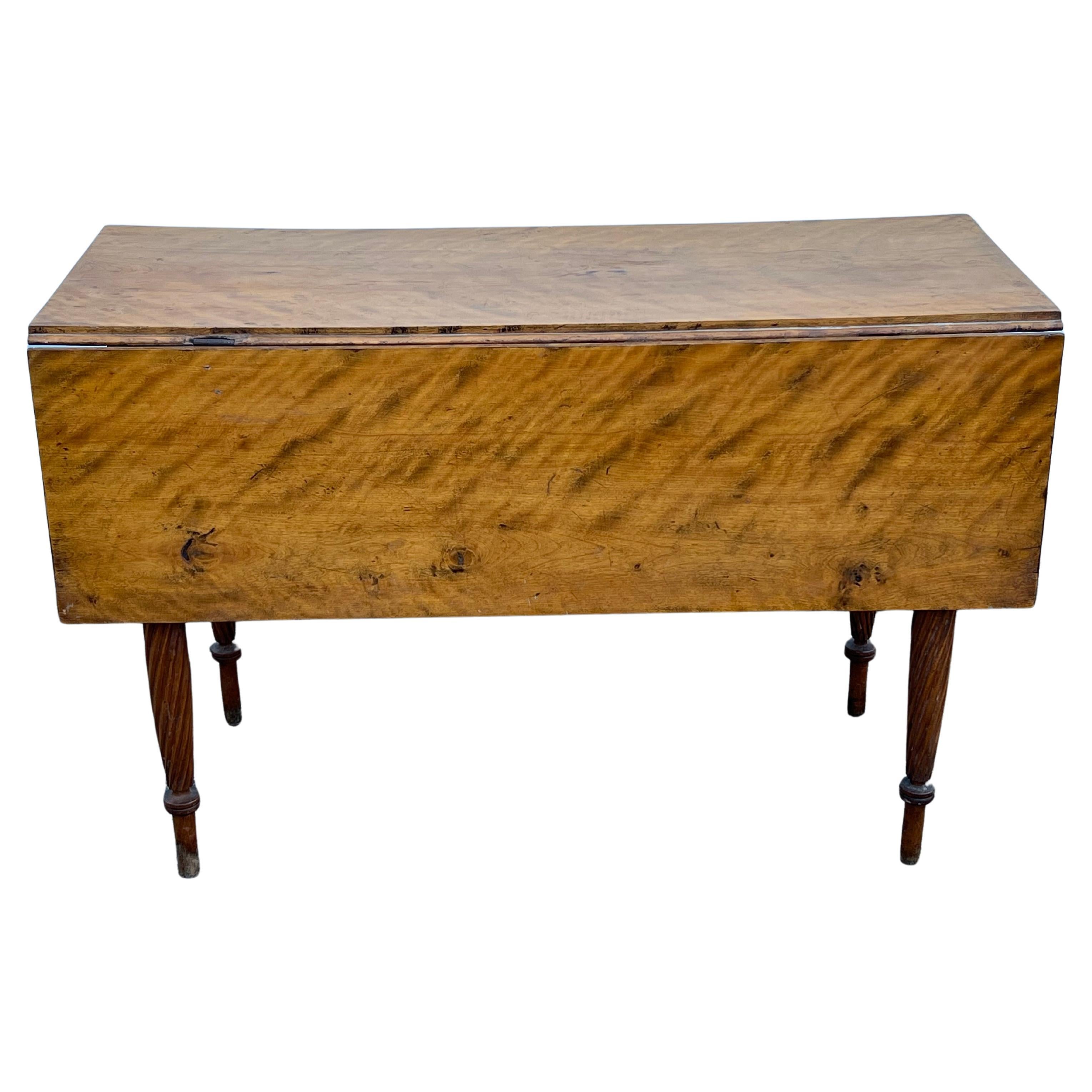 19th Century Flame Birch Drop Leaf Table with Spiral Carved Legs