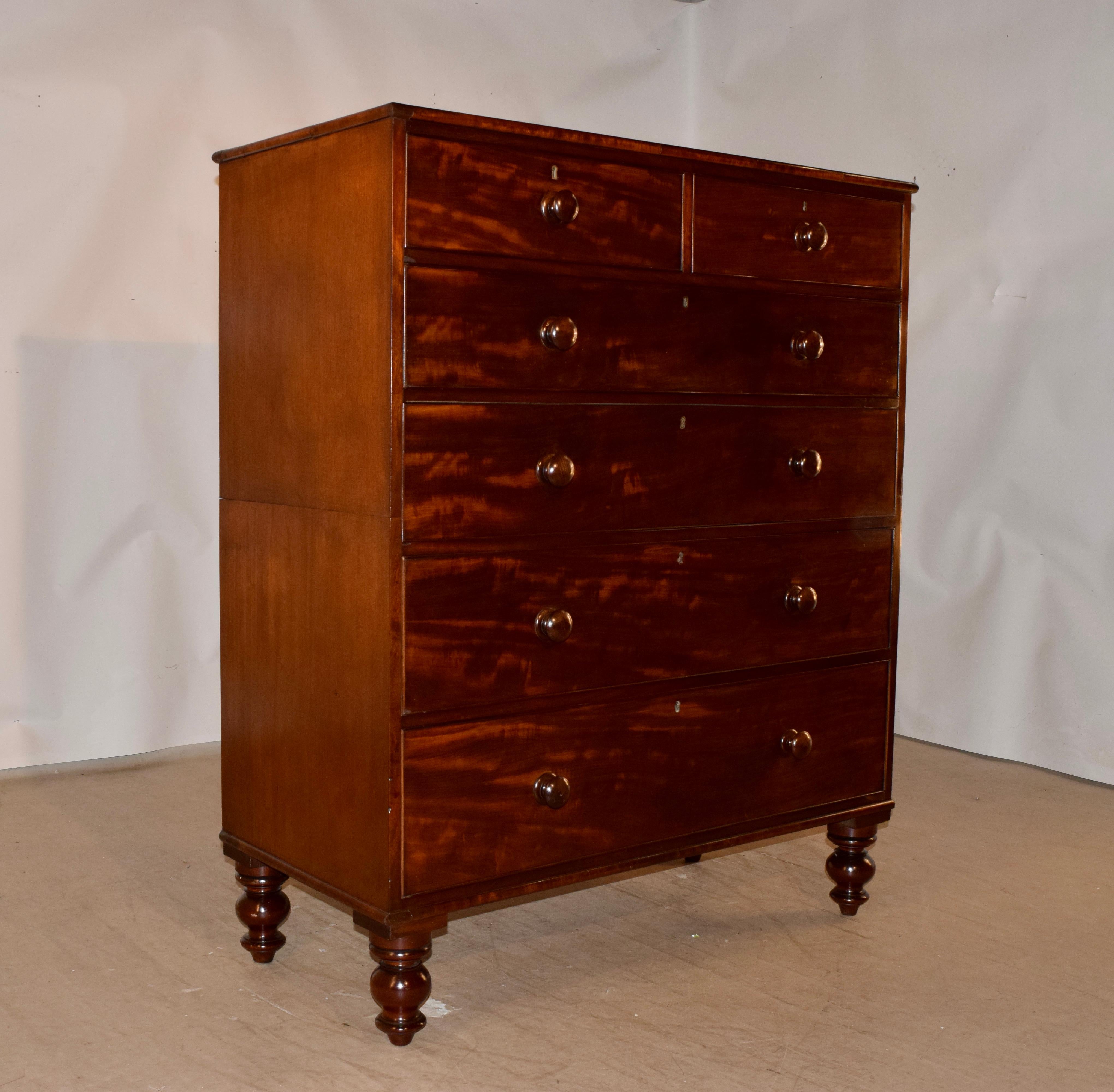 English 19th Century Flame Mahogany Chest of Drawers For Sale
