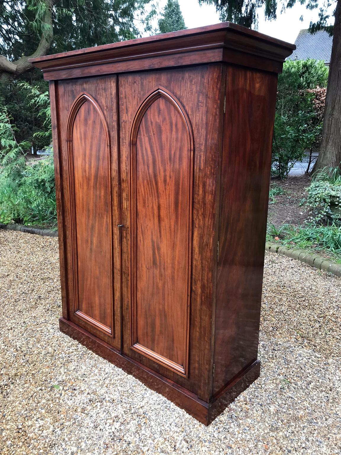 British 19th Century Flame Mahogany Compactum Wardrobe / Gentleman's Wardrobe