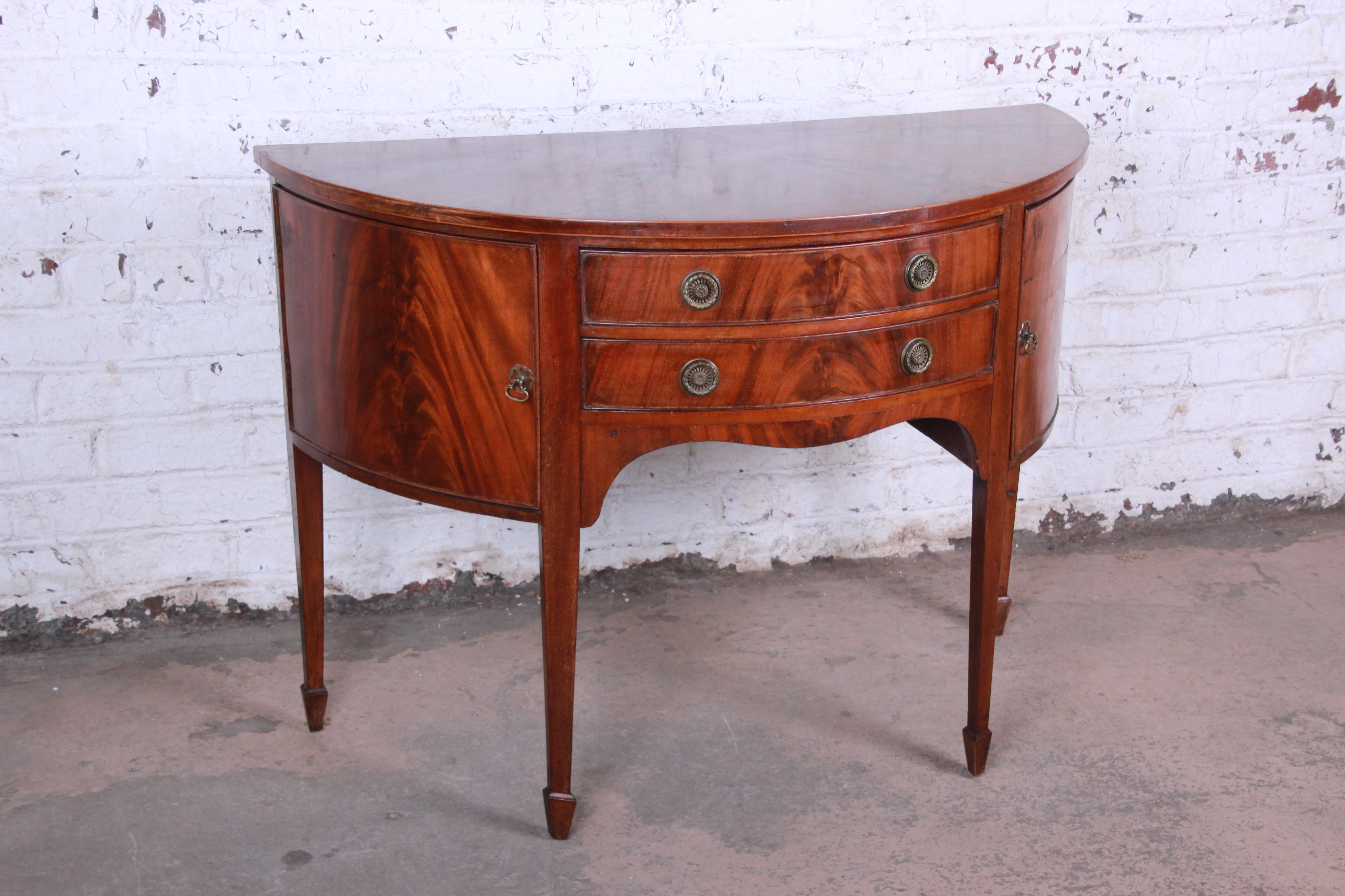 Hepplewhite 19th Century Flame Mahogany Demilune Sideboard Credenza