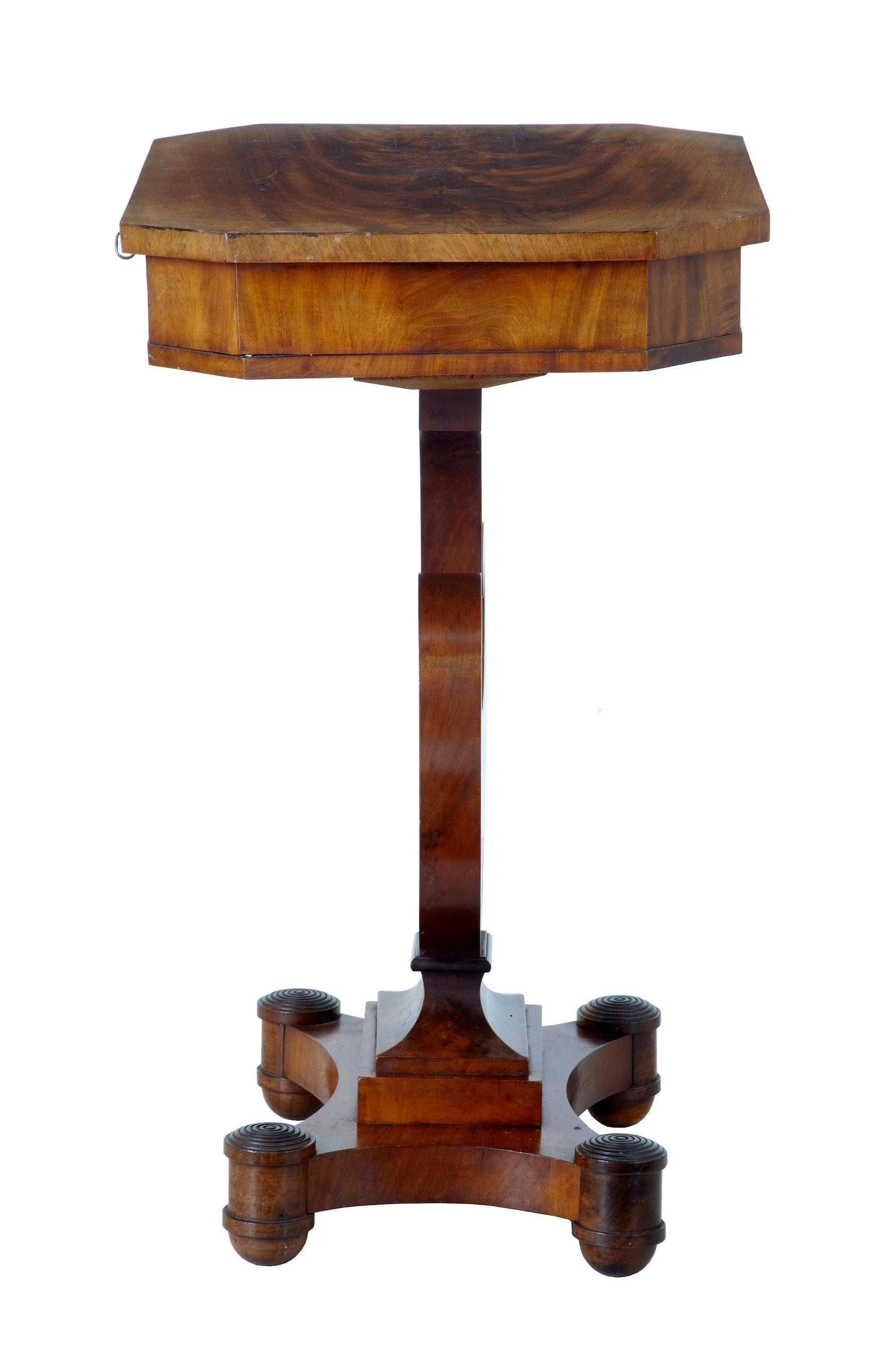 Fine quality 19th century mahogany work table,
circa 1860.
Shaped top with fitted drawer below and hinged pin cushion.
Lyre shaped base, standing on quadriform base with roundel decorations above the feet.