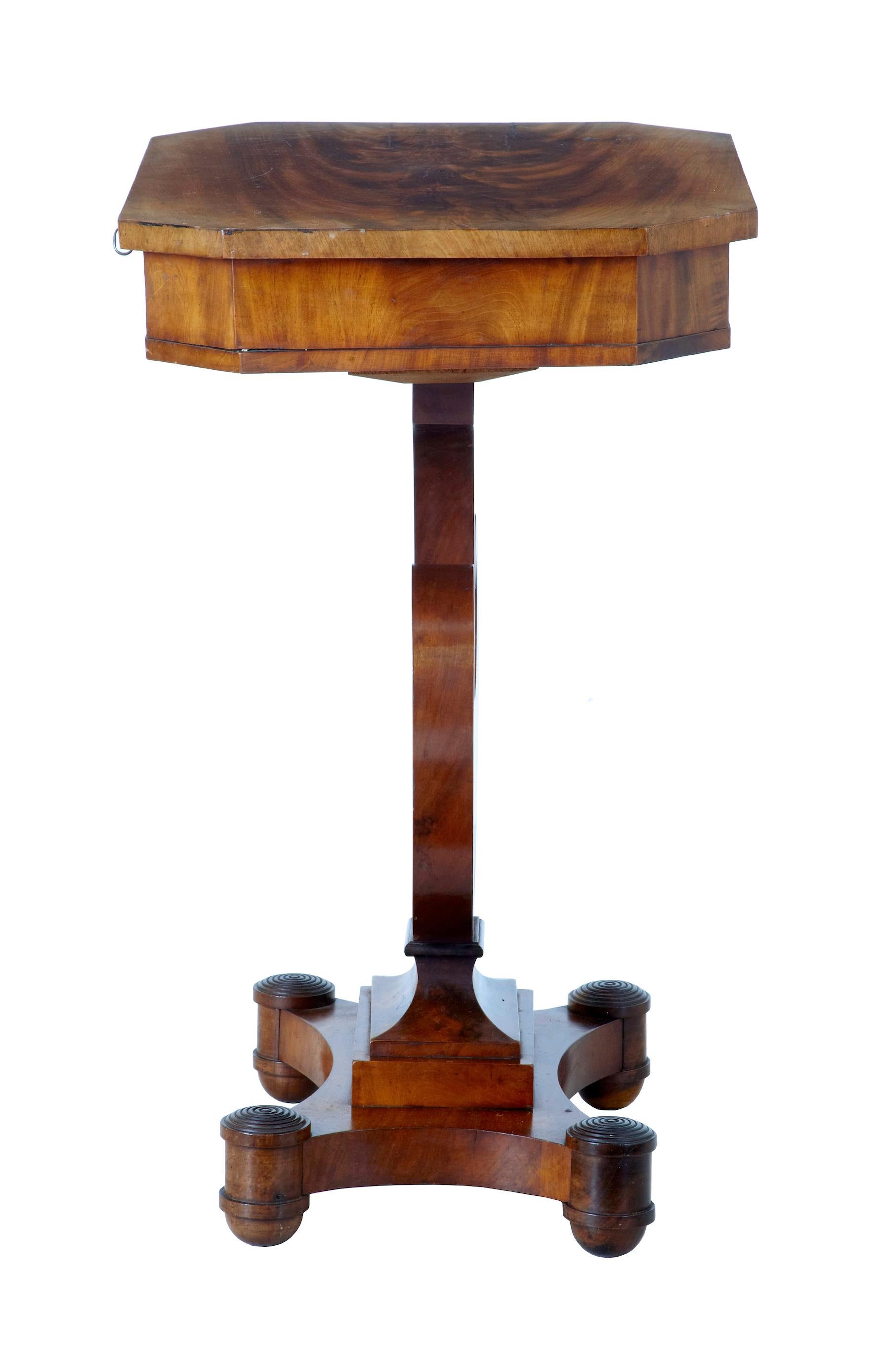 19th century flame mahogany lyre form sewing table, circa 1860.

Fine quality 19th century mahogany work table, circa 1860. Shaped top with fitted drawer below and hinged pin cushion. Lyre shaped base, standing on quadriform base with roundel
