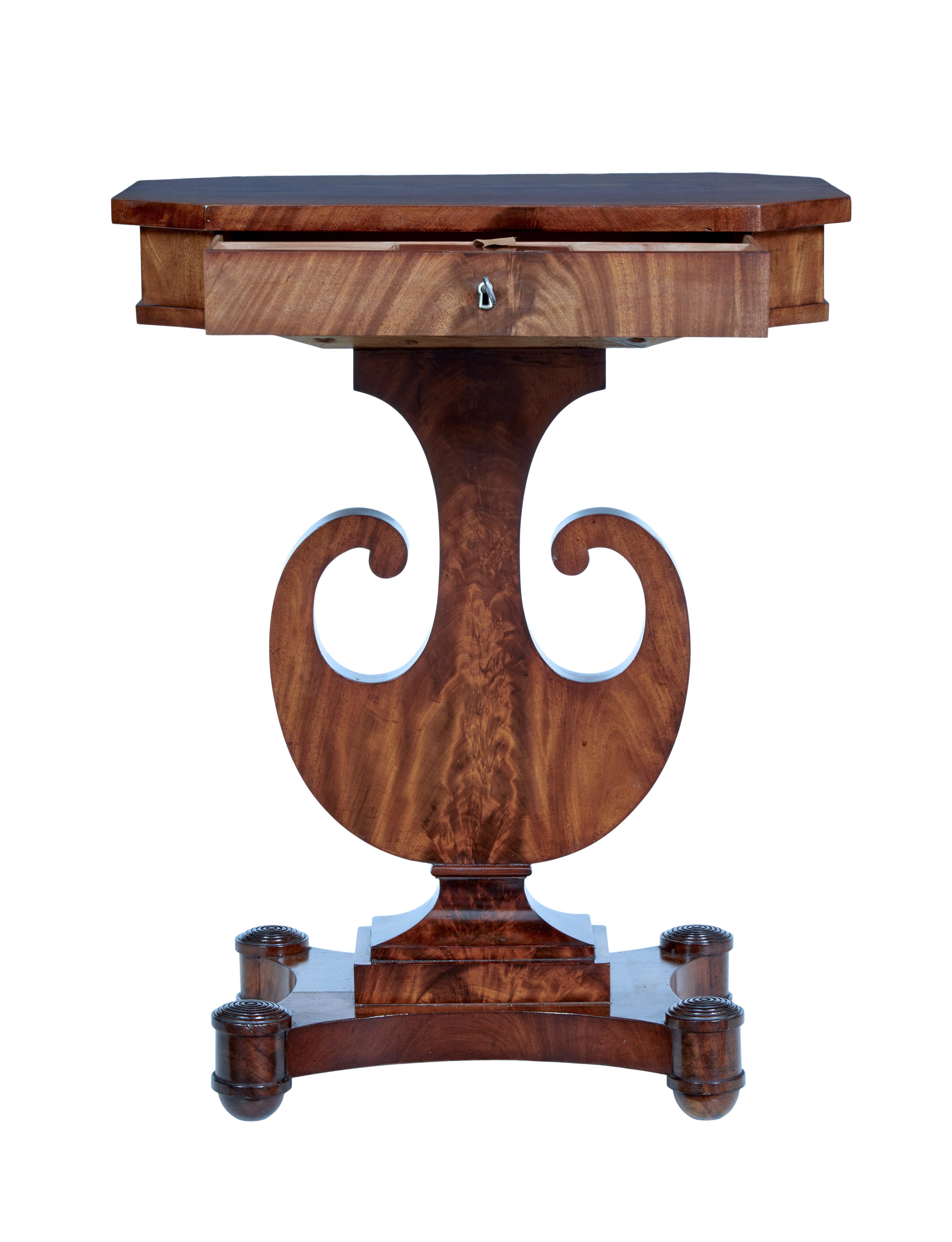 19th century flame mahogany lyre form sewing table circa 1860.

Fine quality 19th century mahogany work table. Circa 1860. Shaped top with fitted drawer below and hinged pin cushion. Lyre shaped base, standing on quadriform base with roundel