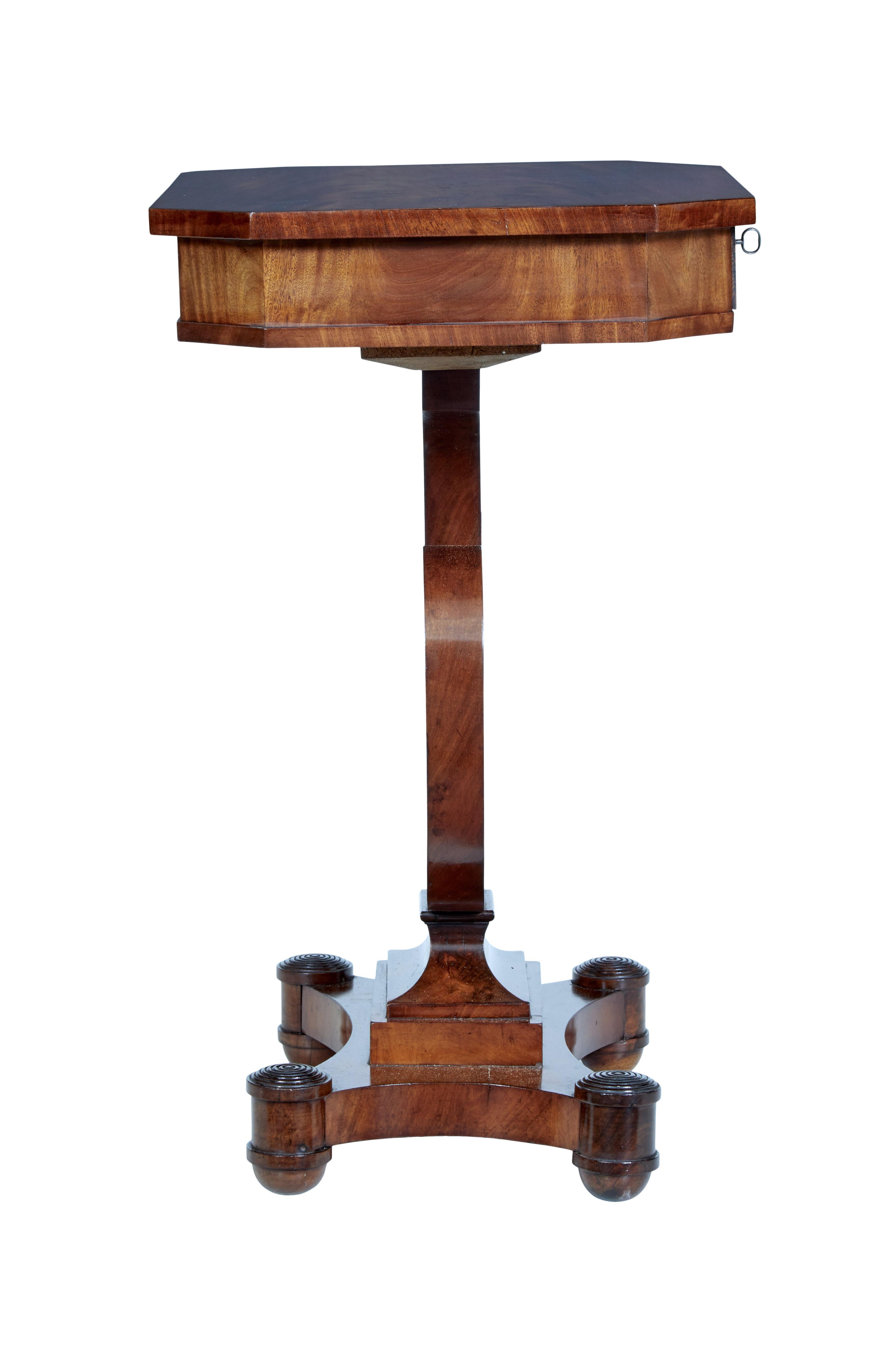 Hand-Carved 19th Century Flame Mahogany Lyre Form Sewing Table