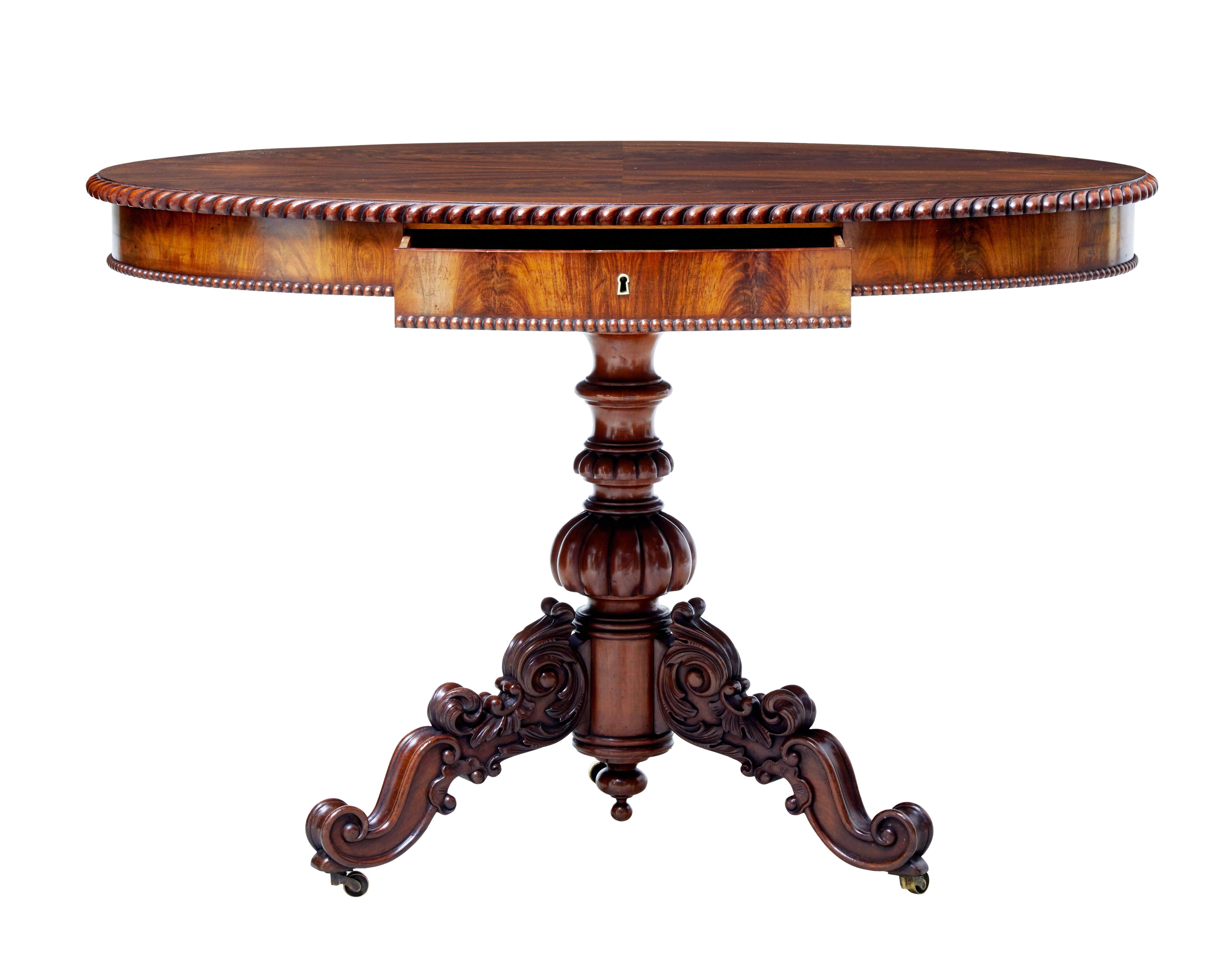 Good quality carved mahogany center table, circa 1880.

Flame mahogany top with gadrooned edging and a beaded lower edge underneath the single drawer.

Turned stem, standing on three carved scrolling legs and brass castors.