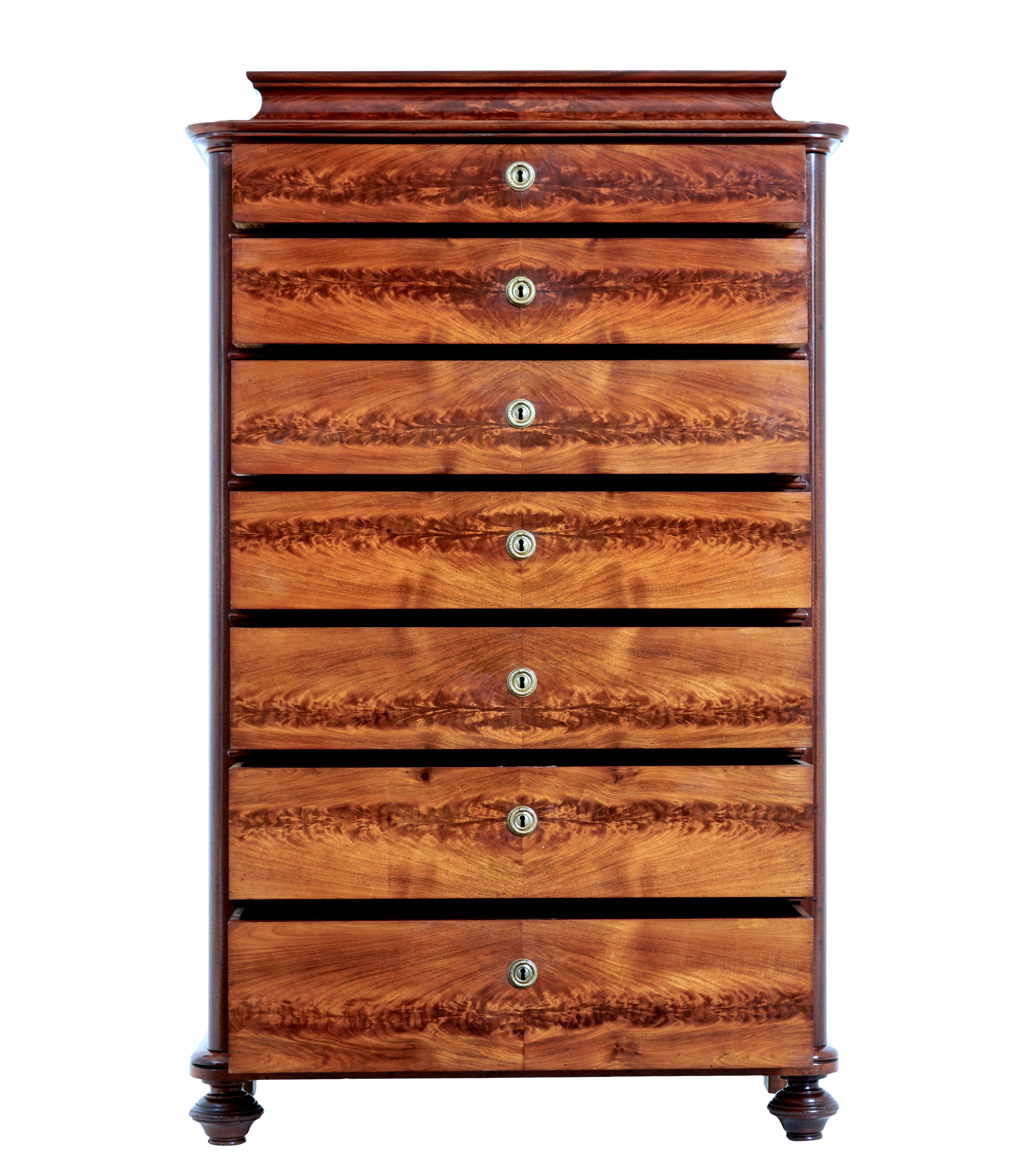 Victorian 19th Century Flame Mahogany Tall Chest of Drawers For Sale