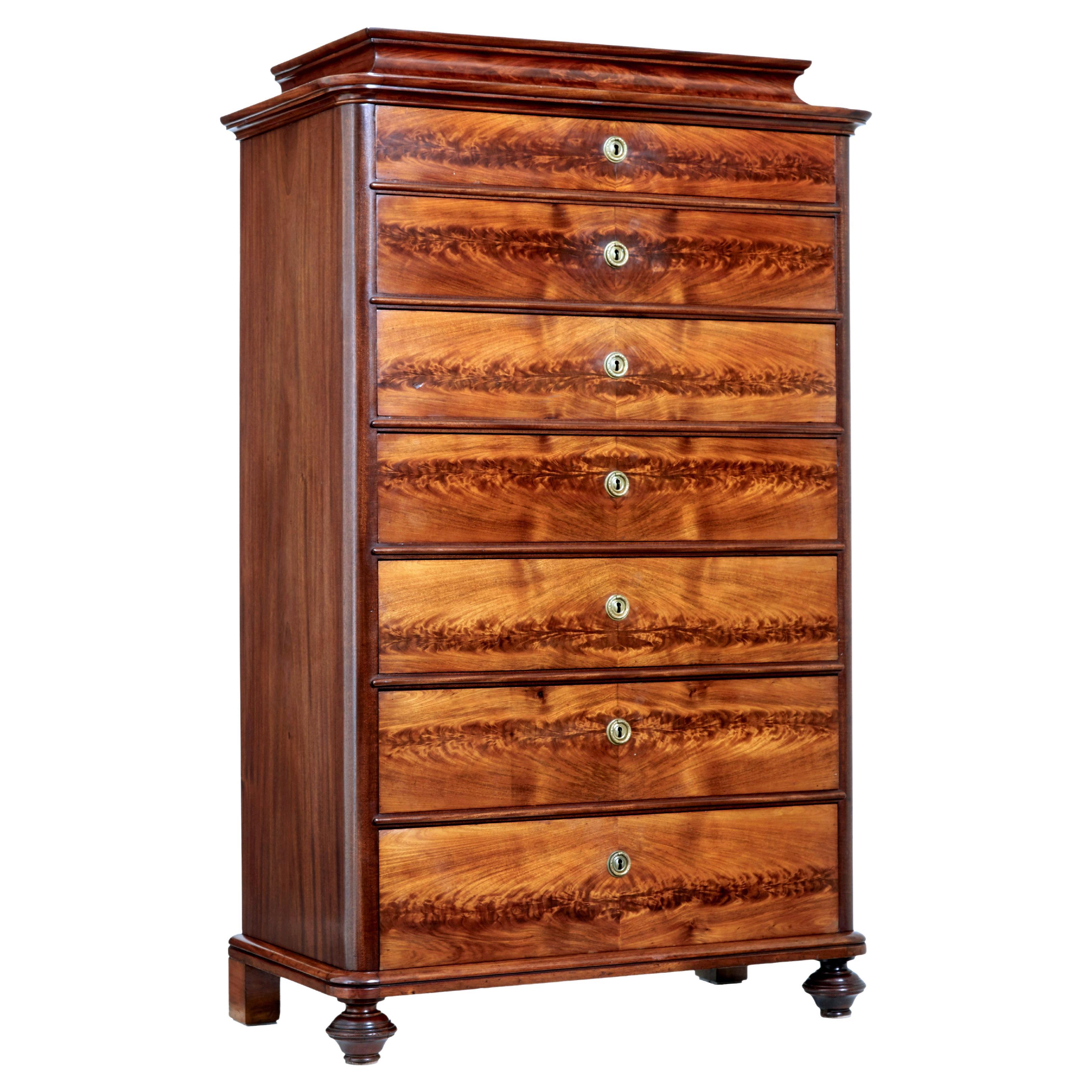 19th Century Flame Mahogany Tall Chest of Drawers For Sale