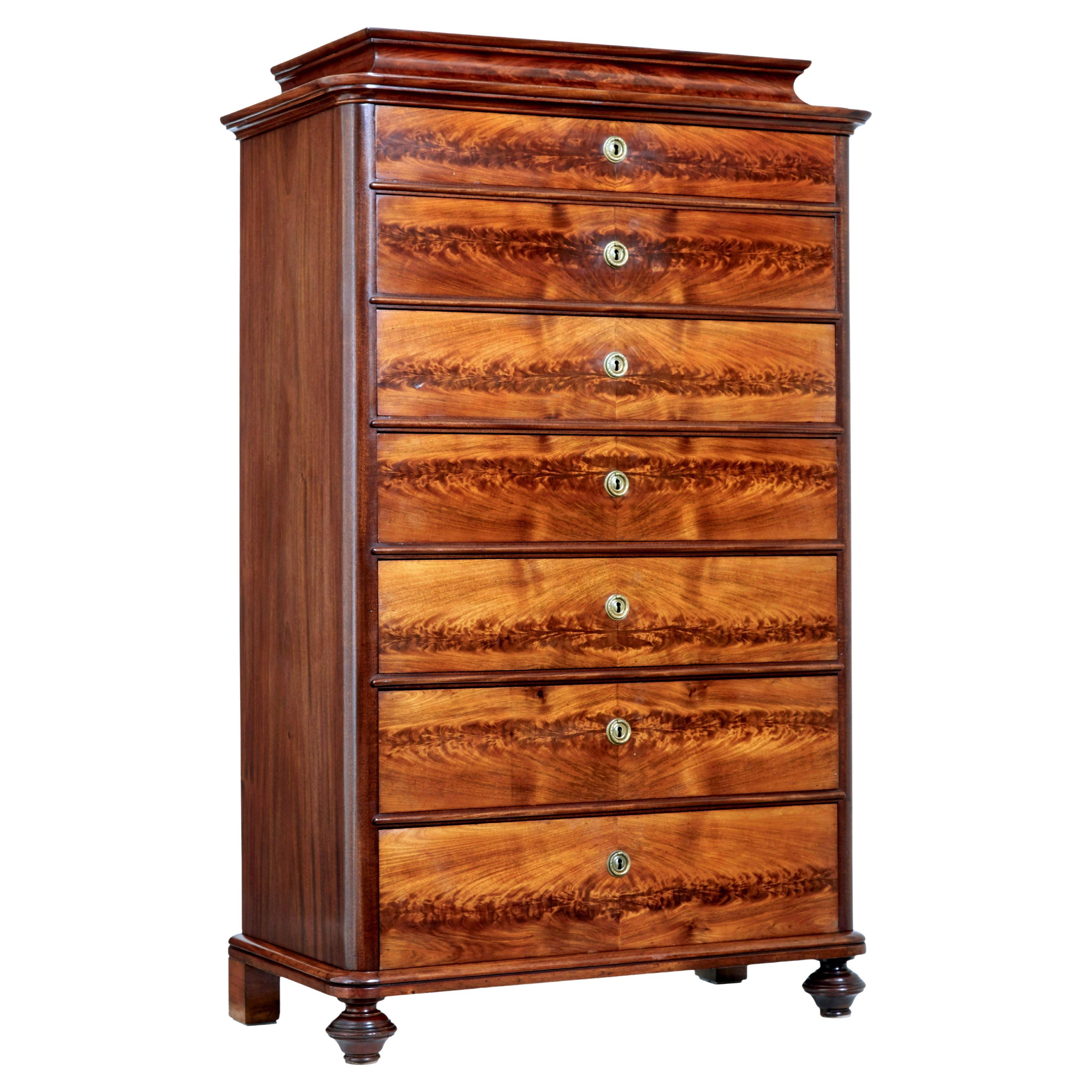 19th century flame mahogany tall chest of drawers