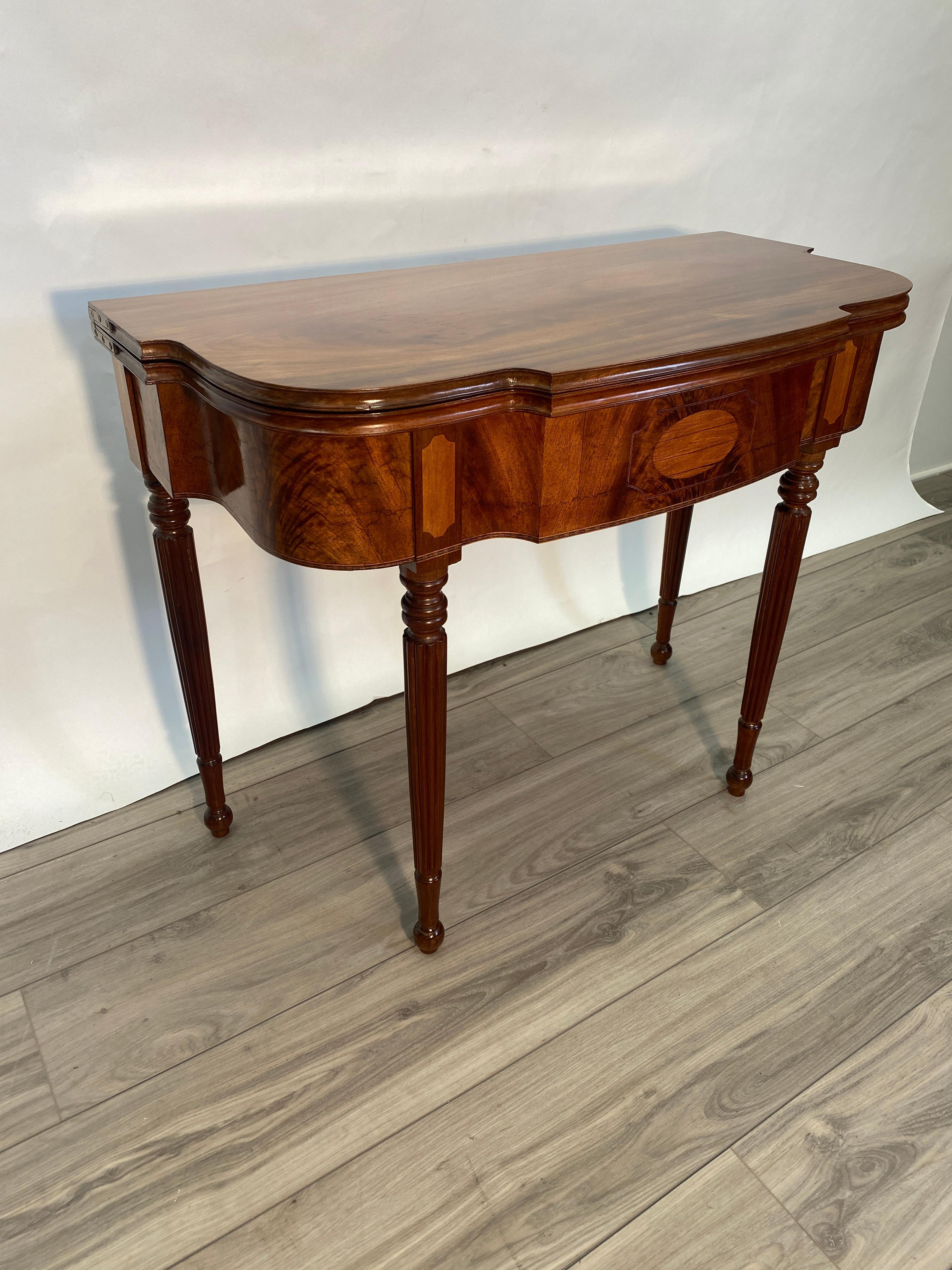 American 19th Century Flamed Mahogany Flip Top Sheraton Style Side Table For Sale