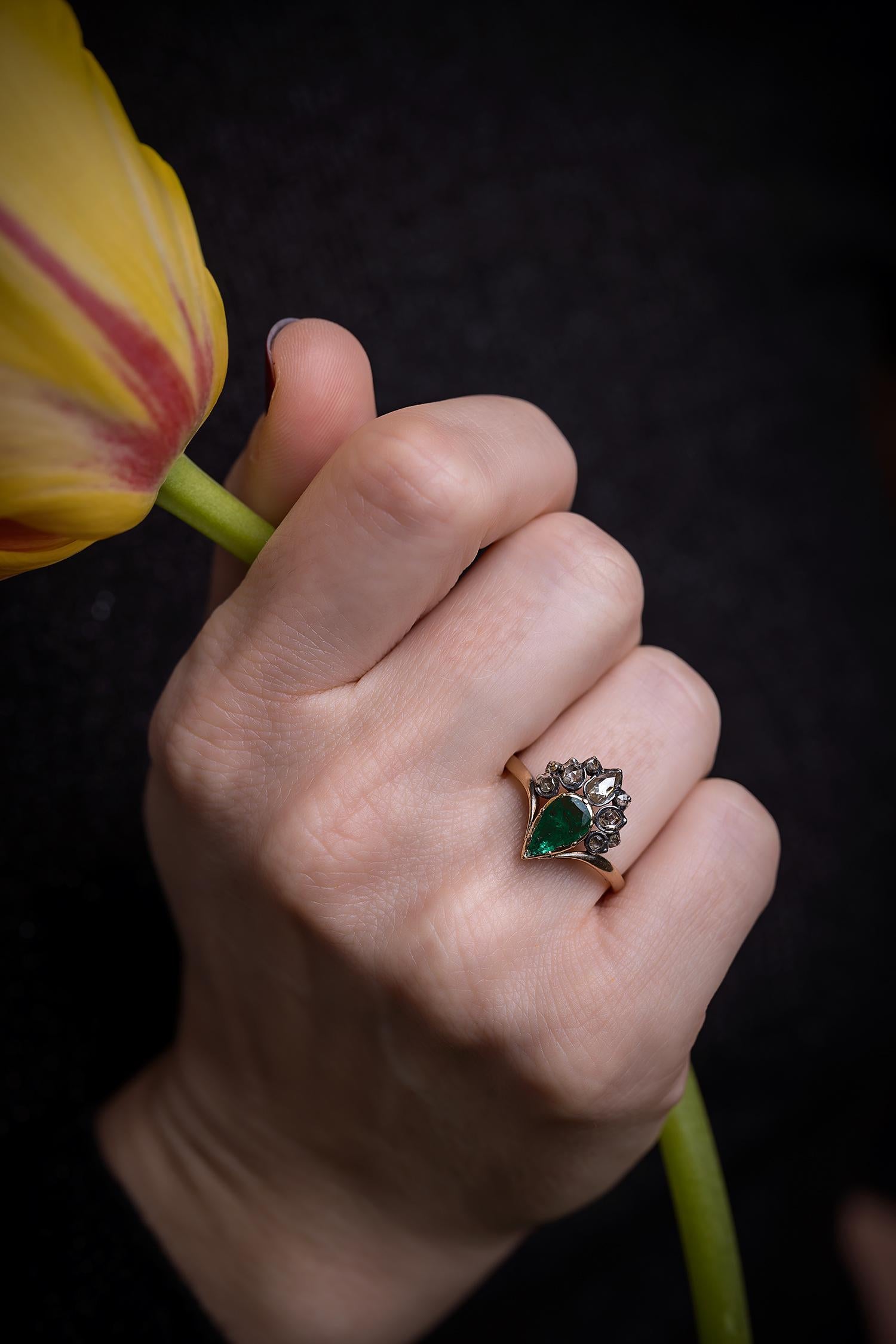 Pear Cut 19th Century Flaming Heart Emerald and Diamond Ring