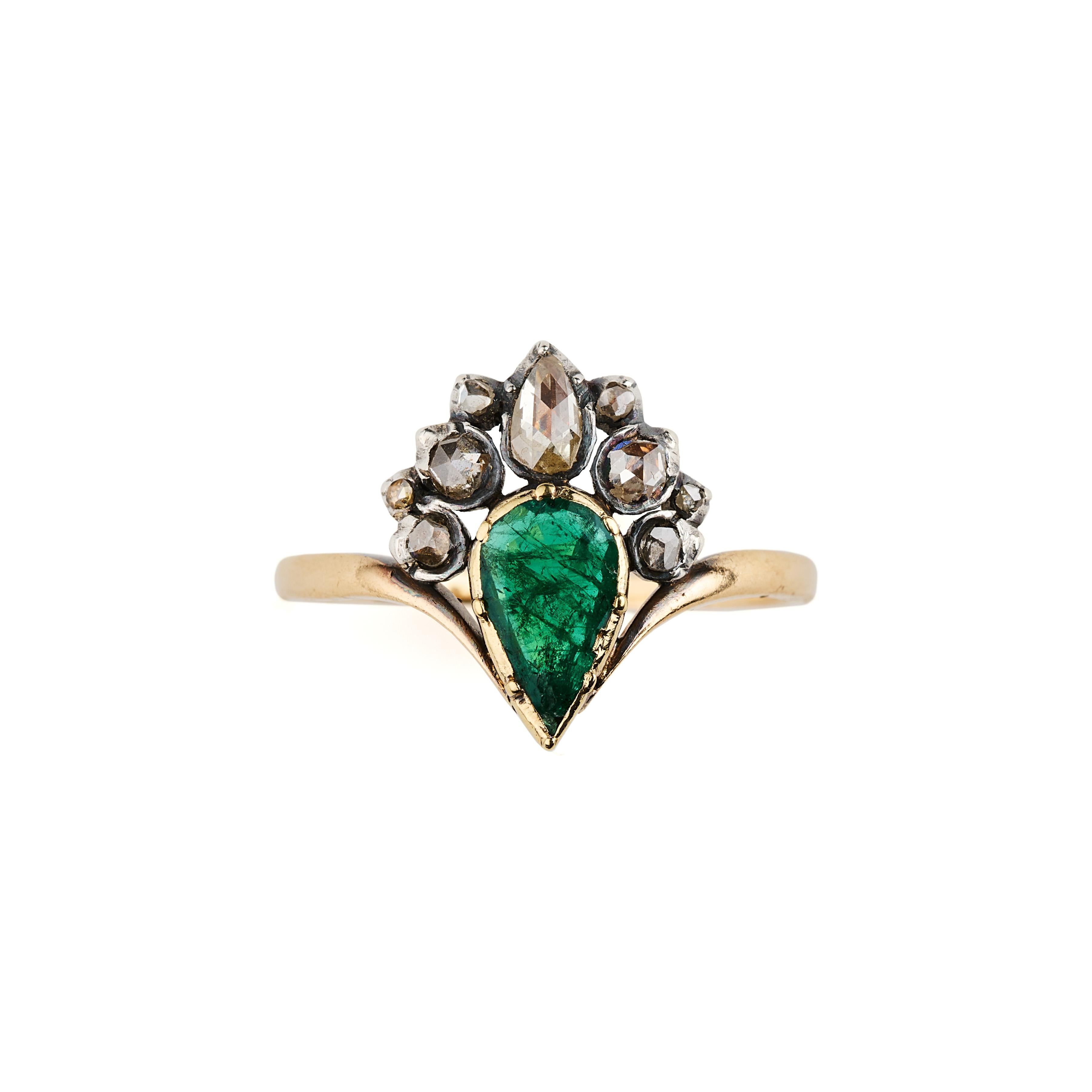 Women's 19th Century Flaming Heart Emerald and Diamond Ring