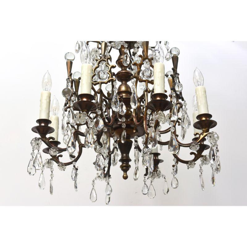 Cast 19th Century Flemish Bronze and Crystal Eight Light Chandelier