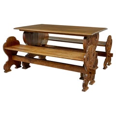 Antique 19th century Flemish carved oak green man dining table and benches