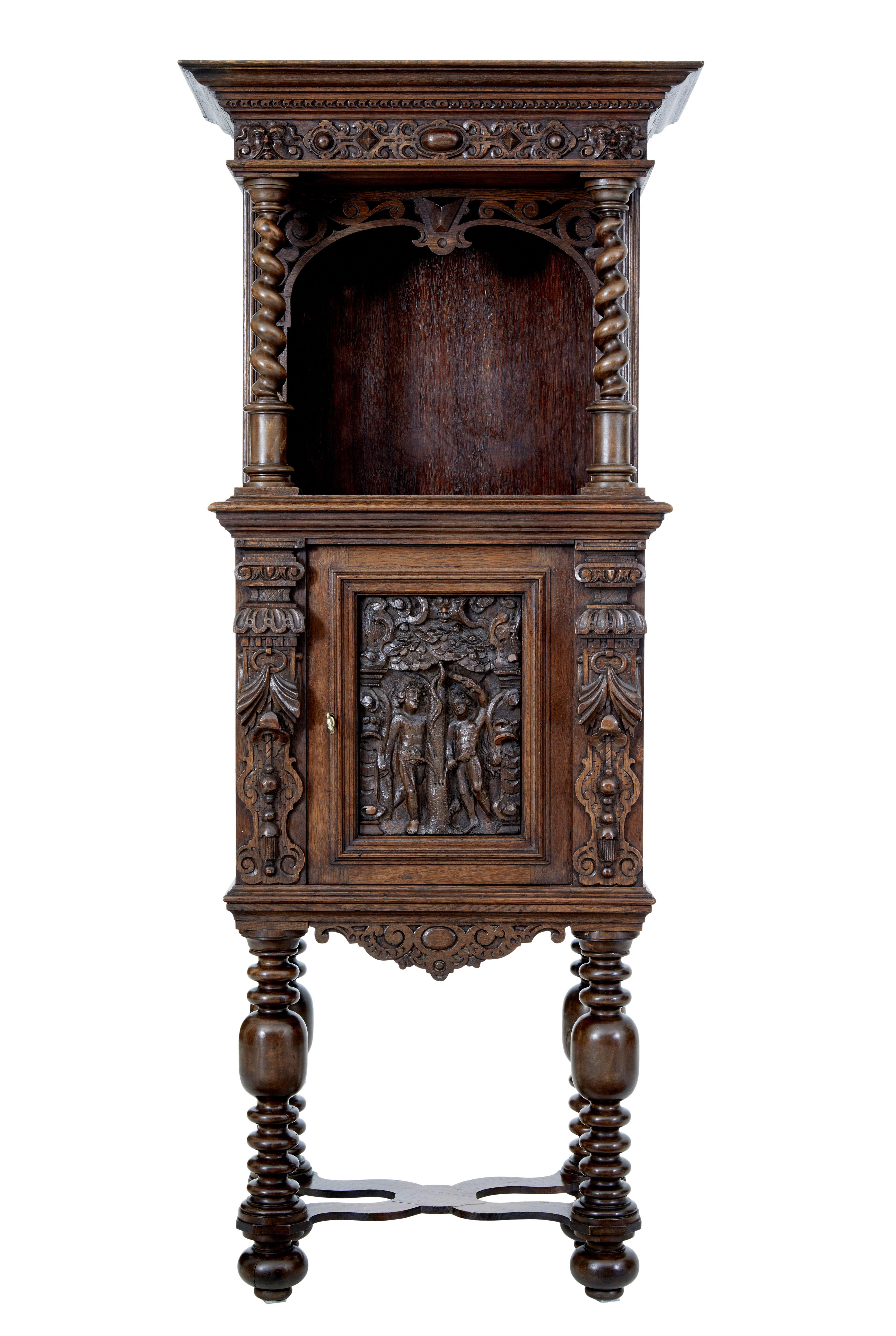 Victorian 19th century Flemish carved oak hall cupboard on stand For Sale