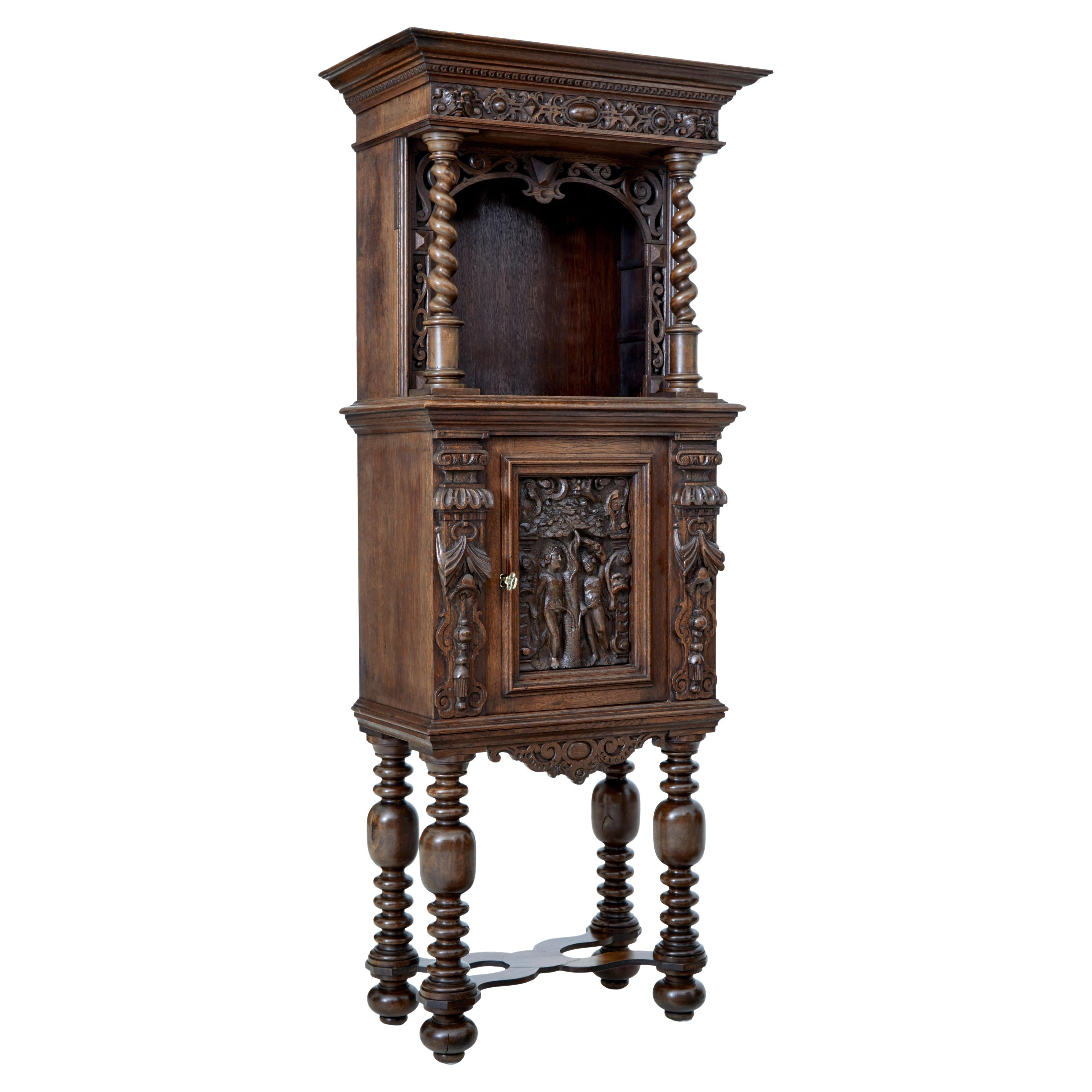 19th Century Flemish Carved Oak Hall Cupboard on Stand