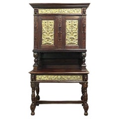 19th Century Flemish Louis XIV Secretary or Bookcase with Embossed Brass