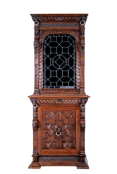 19th century Flemish oak and stain glass cabinet
