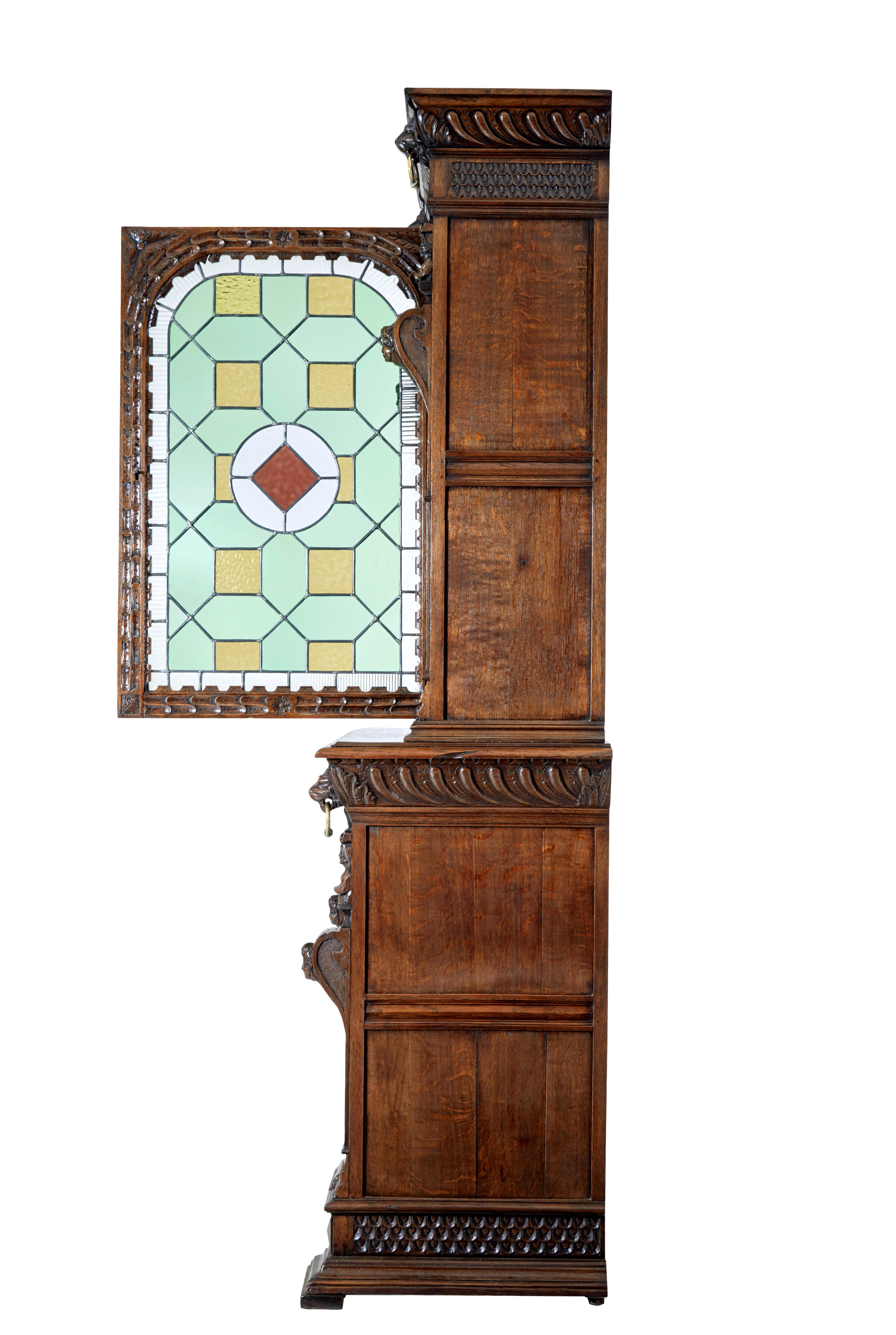 Belgian 19th century Flemish oak and stain glass cabinet