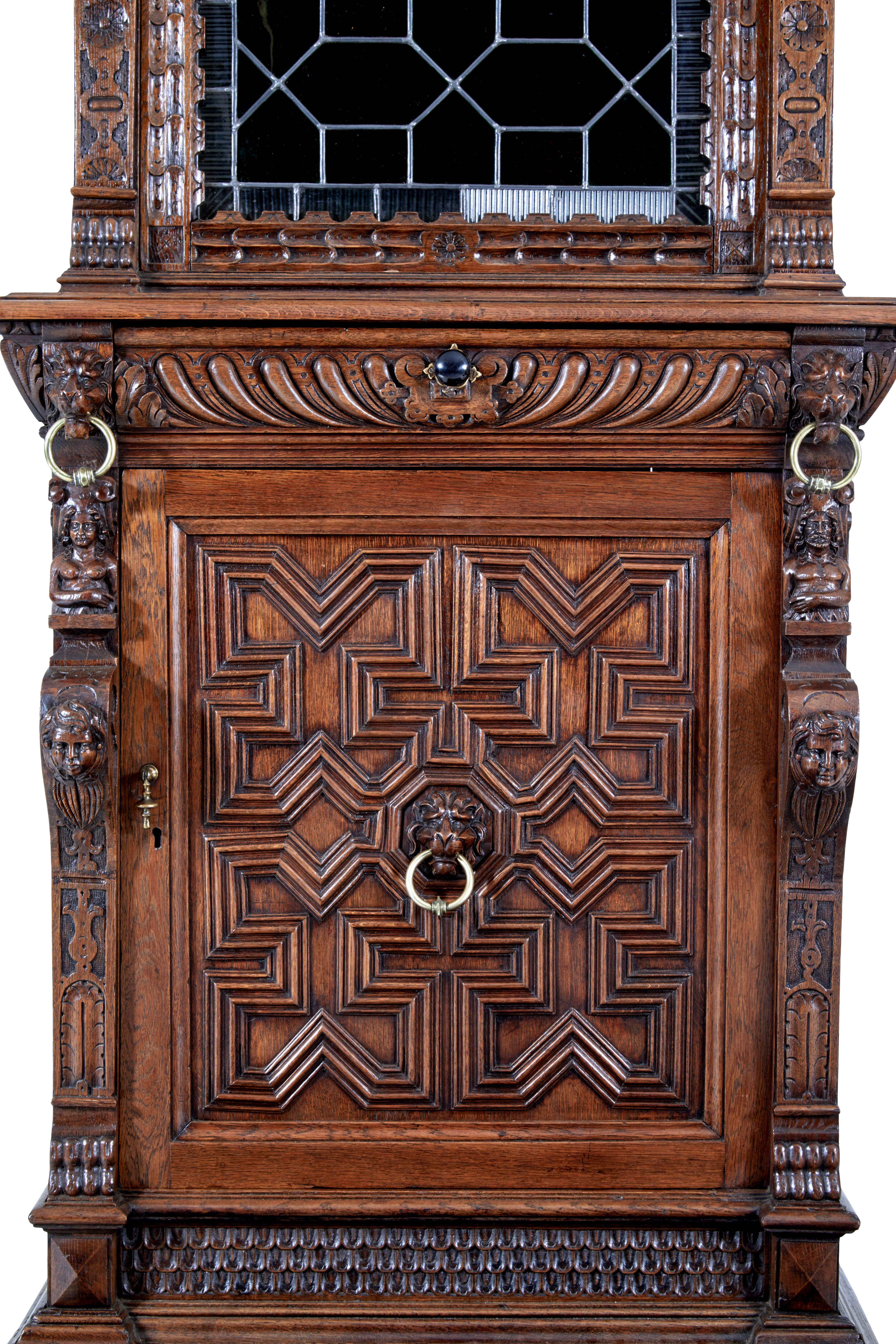19th century Flemish oak and stain glass cabinet In Good Condition For Sale In Debenham, Suffolk