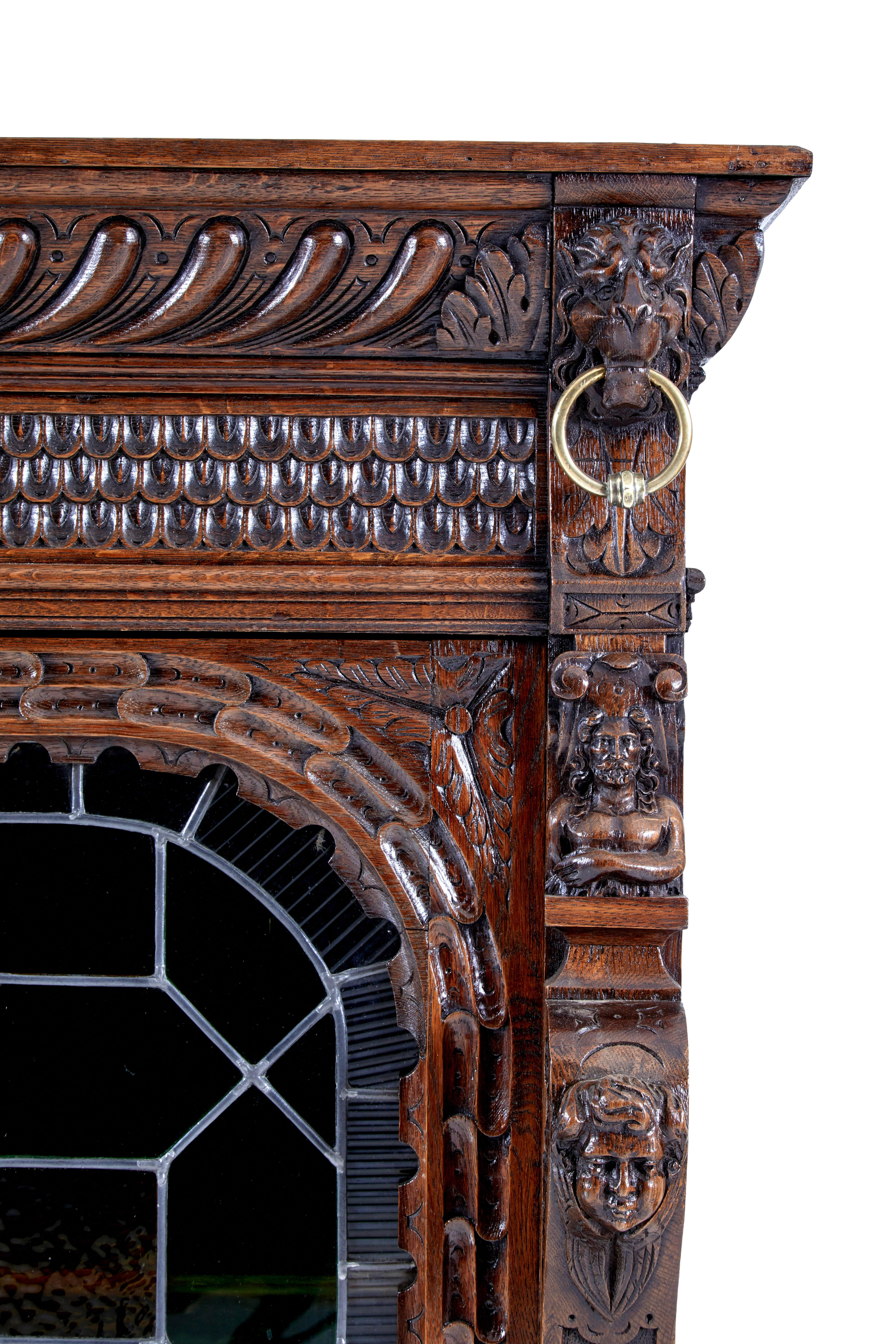 19th century Flemish oak and stain glass cabinet 1