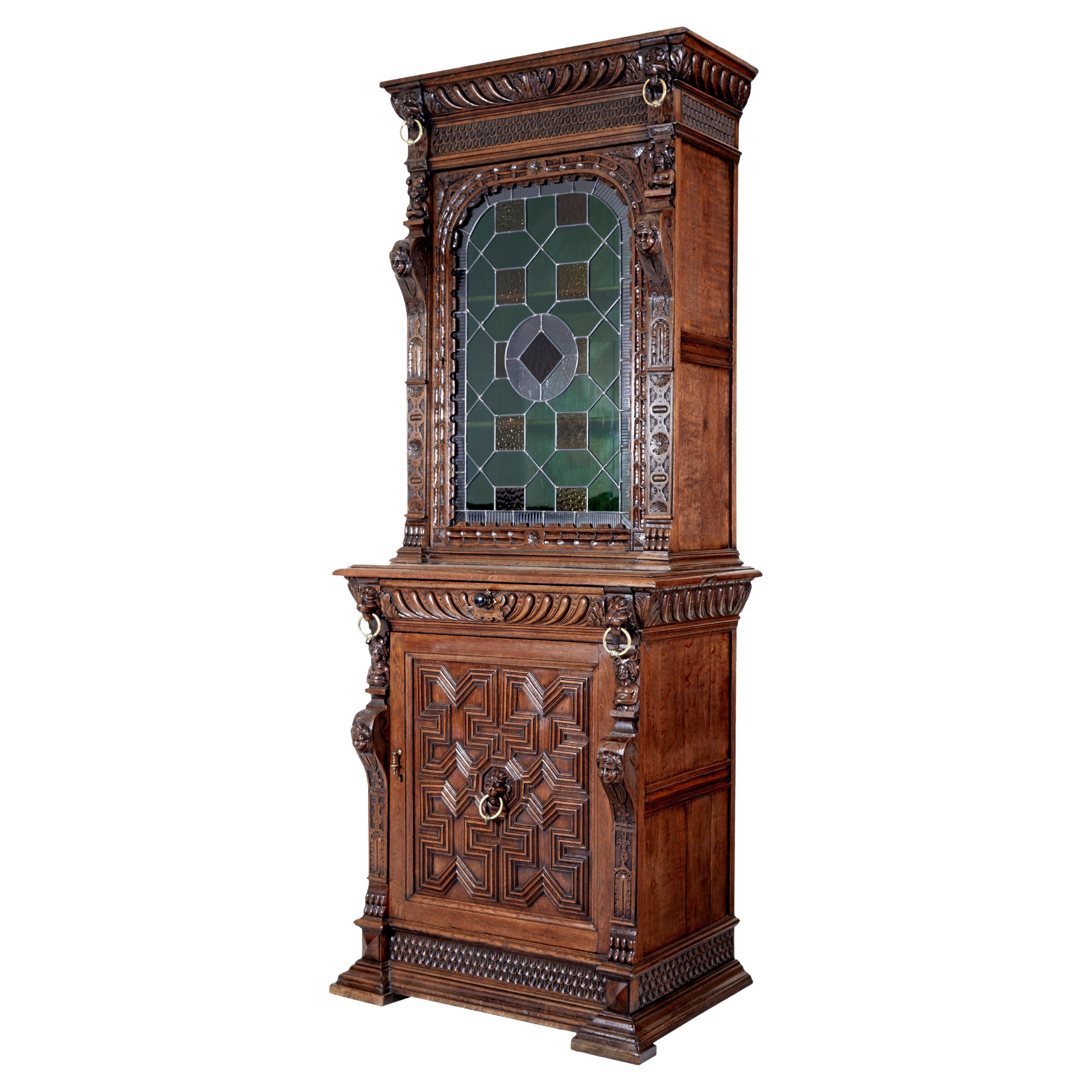 19th century Flemish oak and stain glass cabinet For Sale