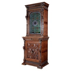 Antique 19th century Flemish oak and stain glass cabinet