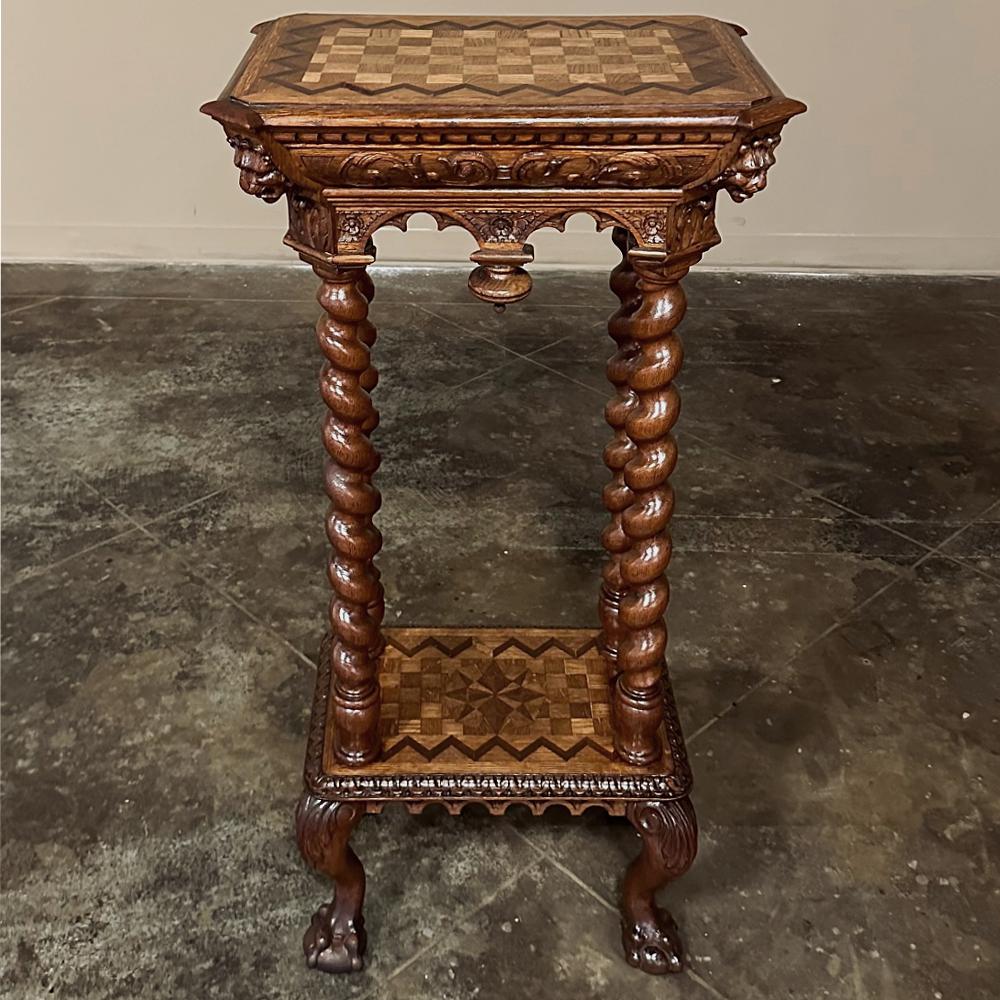 19th century Flemish Renaissance Barley Twist Marquetry Pedestal ~ Lamp Table is a marvel of the cabinetmaker's art. Using several varieties of oak and walnut, and carefully orienting their grain patterns, the artisans created a very complex design