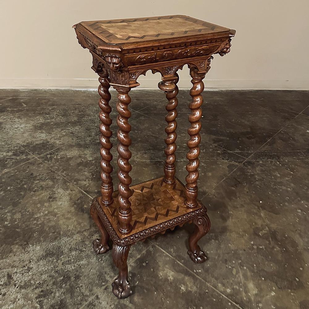 Renaissance Revival 19th Century Flemish Renaissance Barley Twist Marquetry Pedestal ~ Lamp Table