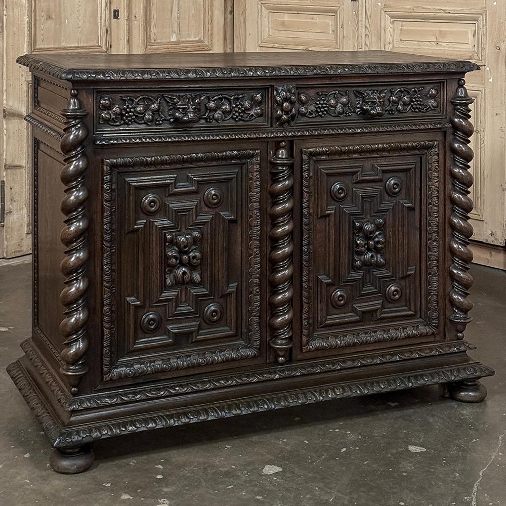 19th Century Flemish Renaissance Buffet ~ Credenza is a remarkable work celebrating the splendor of the Renaissance Revival from top to bottom!  The boldly gadrooned top edge frames the solid plank top, and overlooks the drawer tier which is