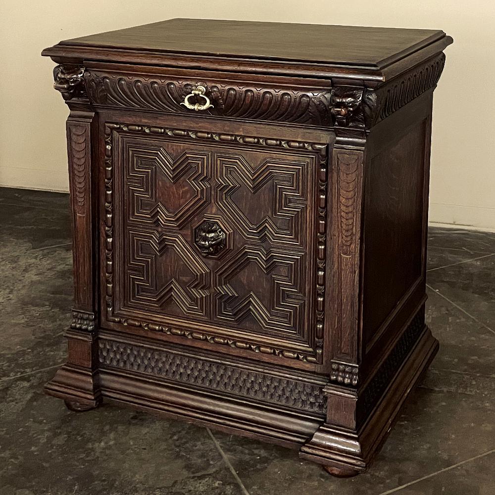 19th Century Flemish Renaissance Confiturier ~ Cabinet is an excellent choice for a cozy niche, narrow wall space, or corner of the room that needs a little surface, a little storage, and a lot of Old World charm! Hand-carved from solid oak, it